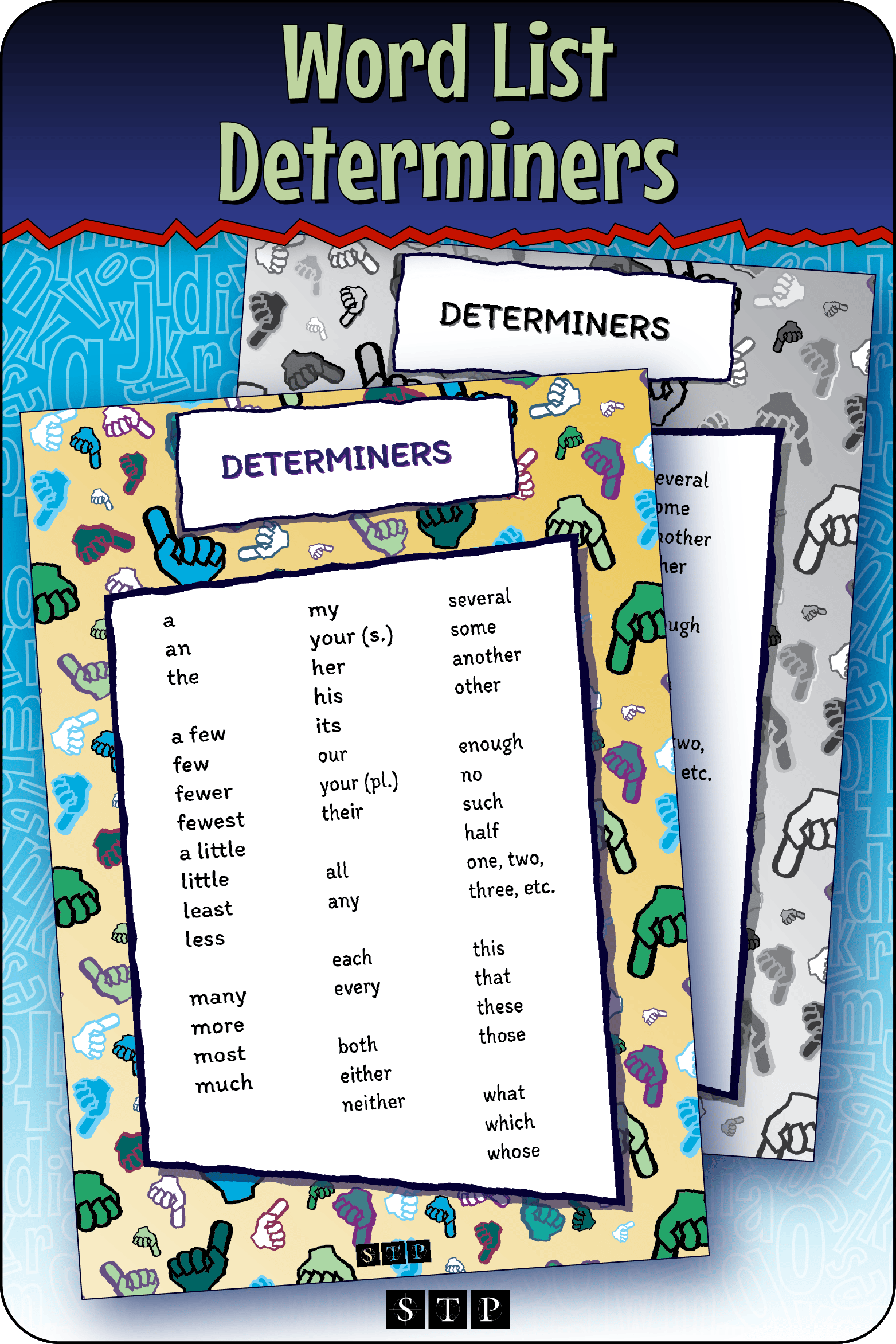 A mock-up of the 'Determiners' word list, a free vocabulary and spelling resource for download for Years 5 & 6.