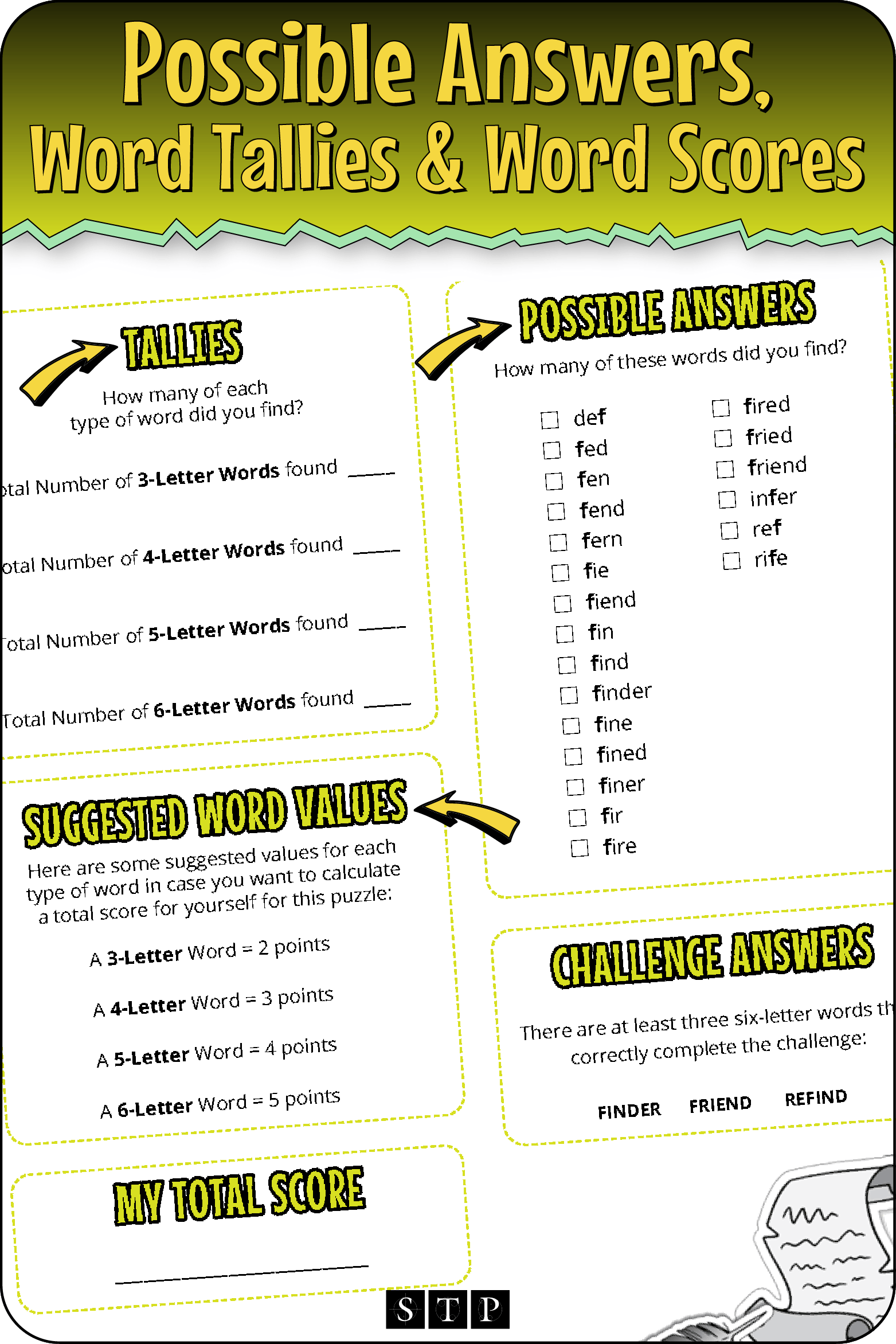 A 'look inside' preview highlighting the key features of the second page of the 'FEIRDN' word wheel puzzle