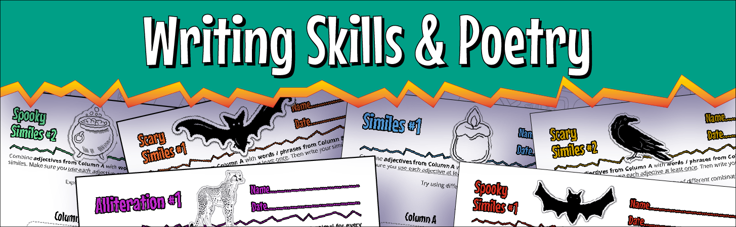 A banner marking the start of the writing skills and poetry worksheets and activities.