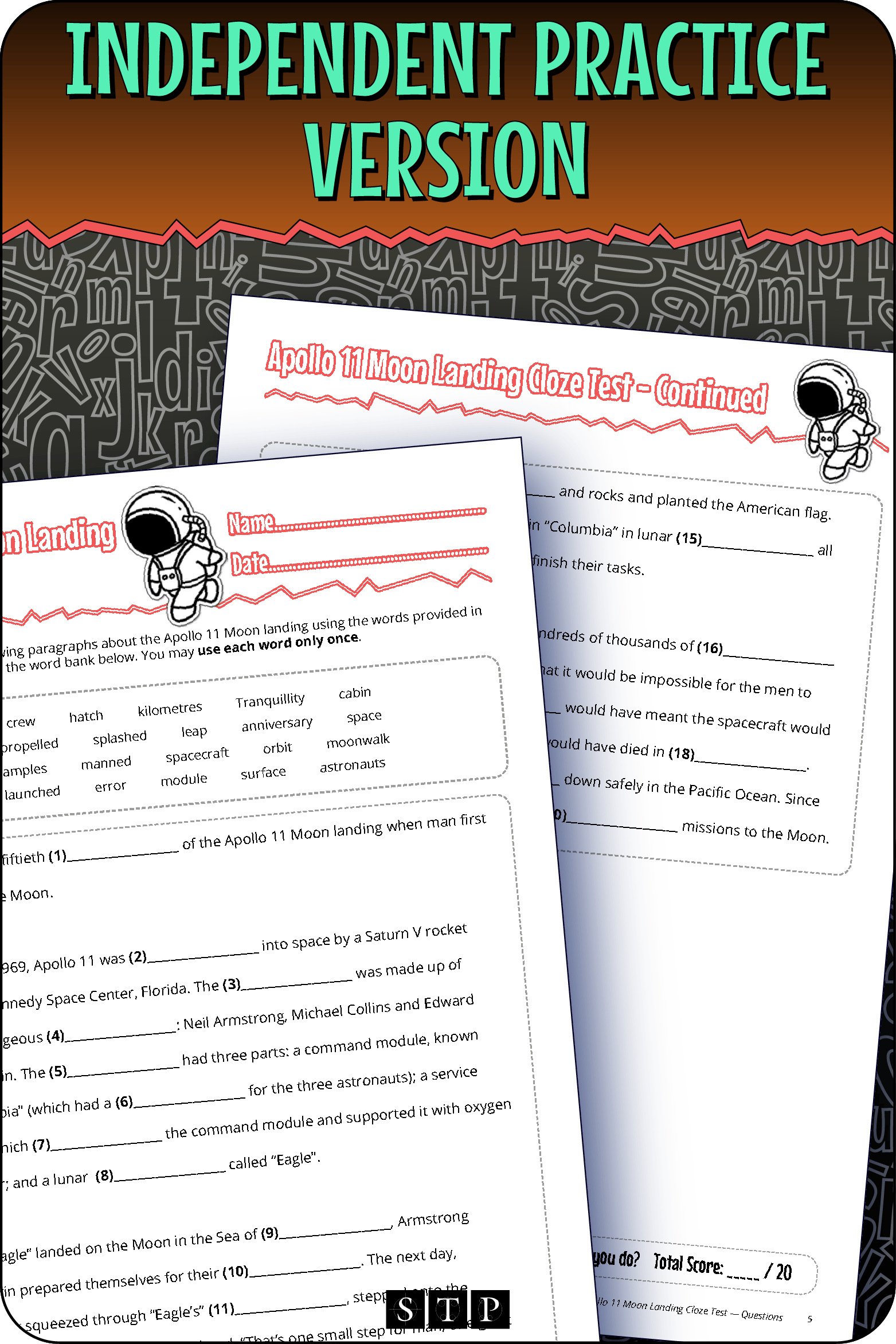 A 'look inside' preview showing the independent practice version of the 'Apollo 11 Moon Landing Cloze Test'.