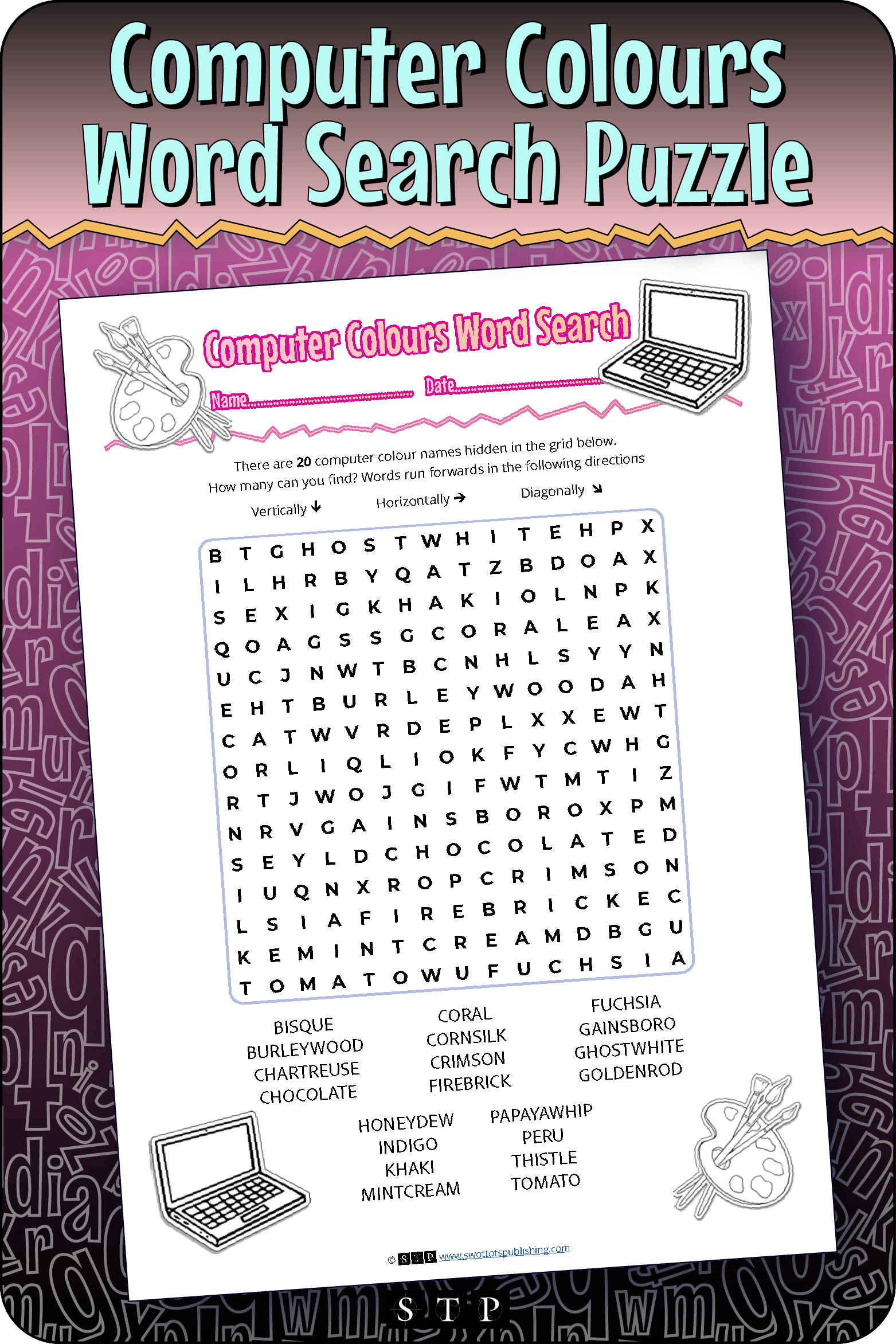 A mock-up of the 'Computer Colours' word search puzzle, a free word game for download.