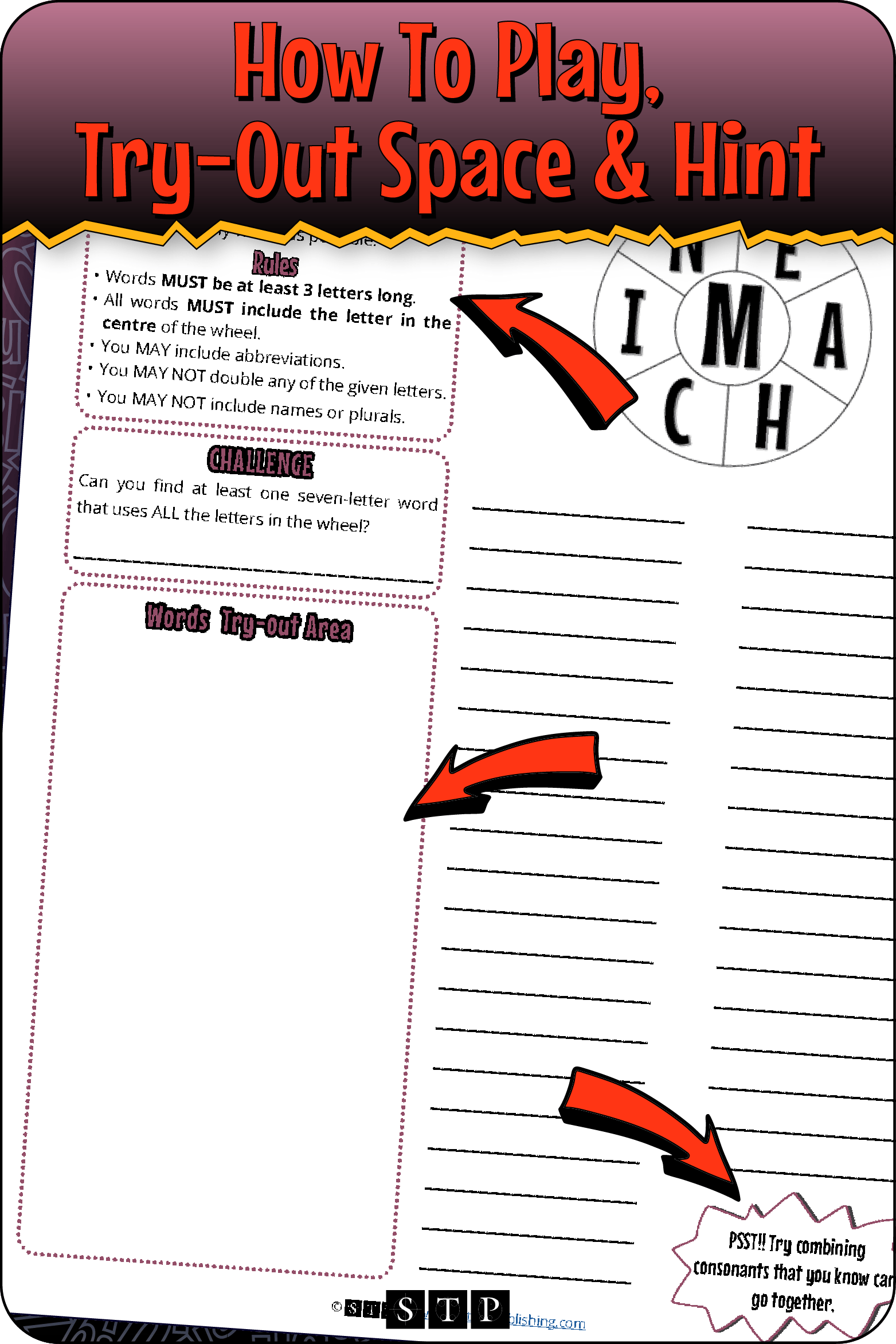A 'look inside' preview highlighting the rules for the 'MEAHICIN' word wheel puzzle