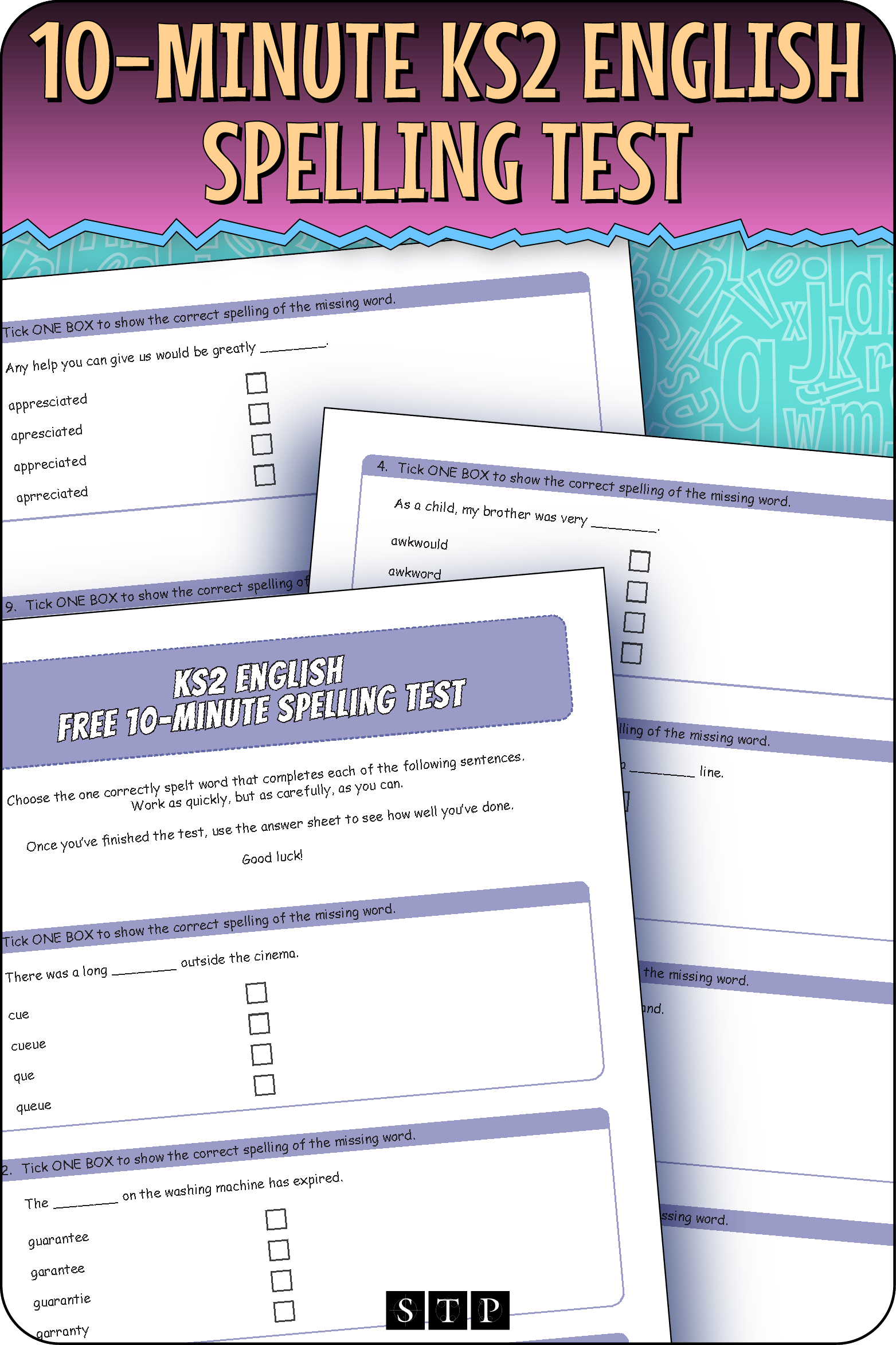 A mock-up of the 'KS2 English Free 10-Minute Spelling Test', a free self-study or revision tool for download.