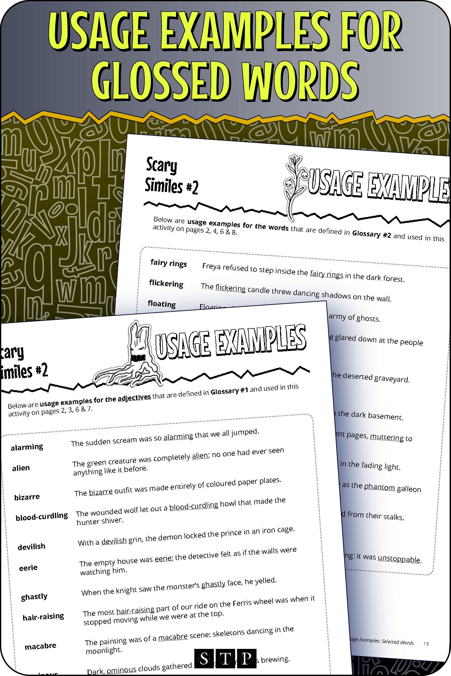 A 'look inside' preview showing the usage examples provided for the glossed words in the 'Scary Similes #2' activity.
