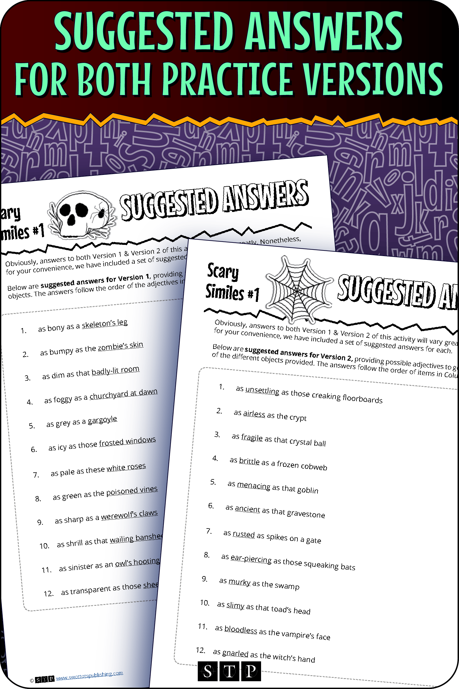 A 'look inside' preview showing the complete Scary Similes #1 suggested answers for both practice versions.