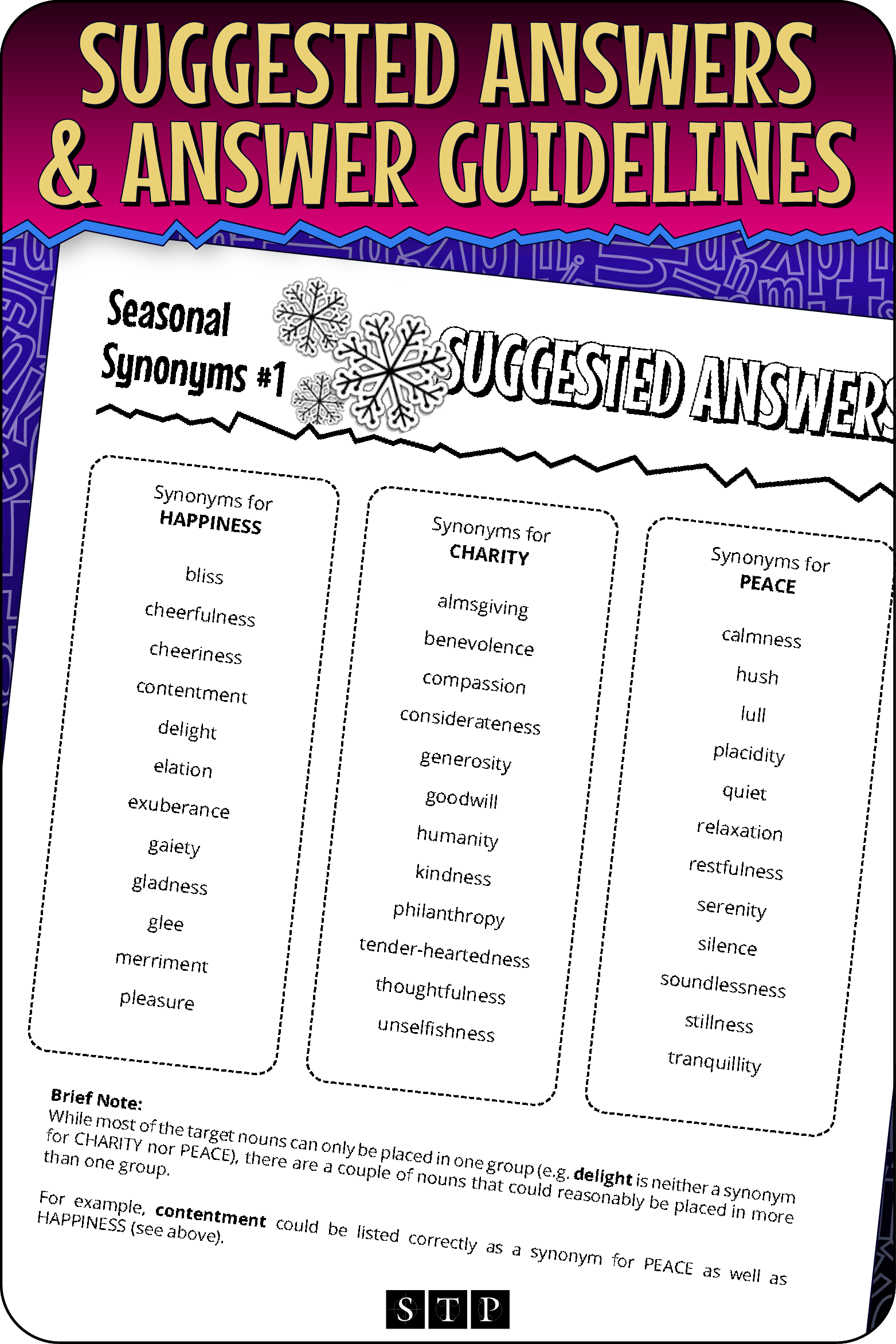A 'look inside' preview showing the suggested answers and marking guidelines for the 'Seasonal Synonyms #1' activity.