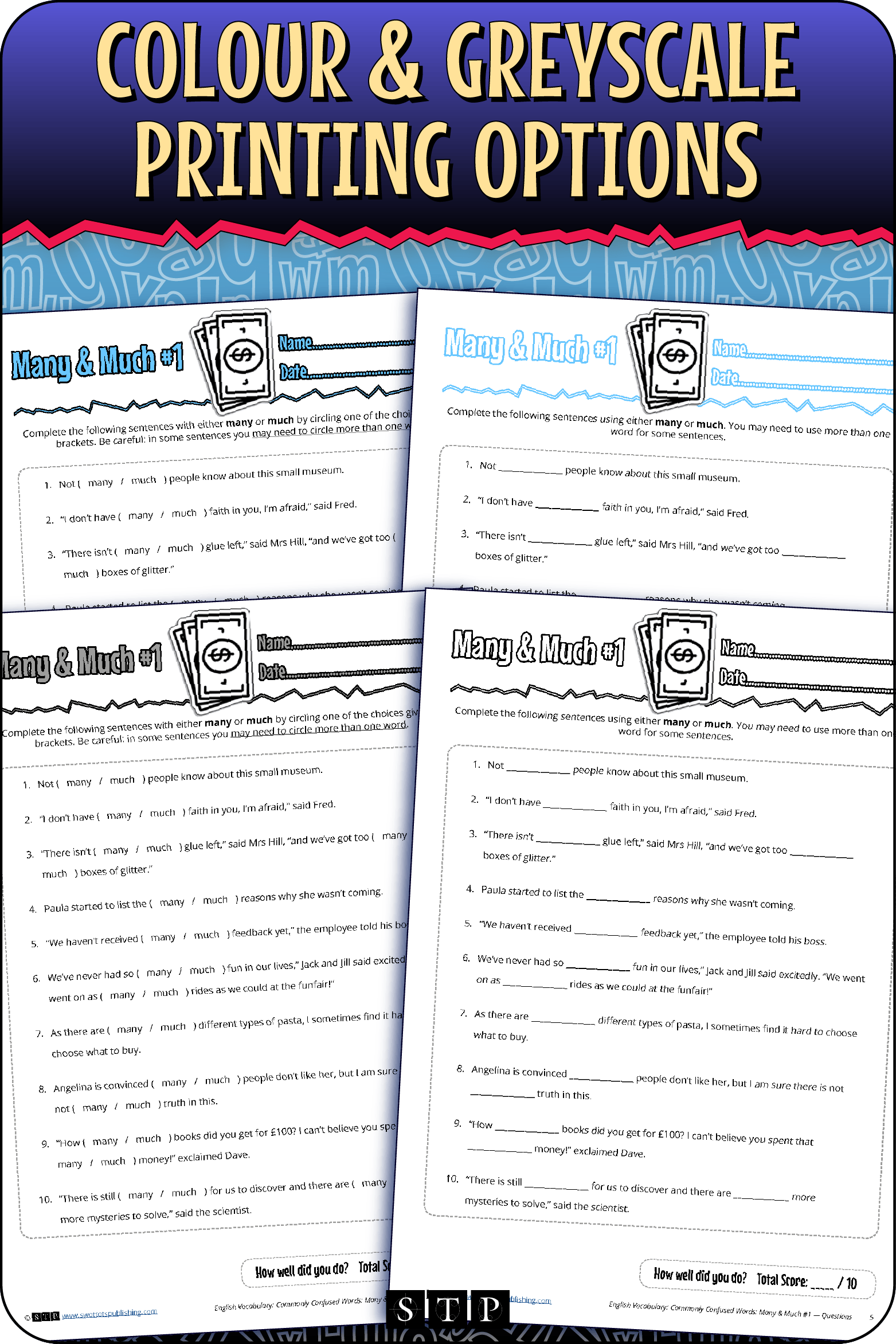 A 'look inside' preview showing the resource is available in both colour-accented and ink-friendly greyscale printing options.