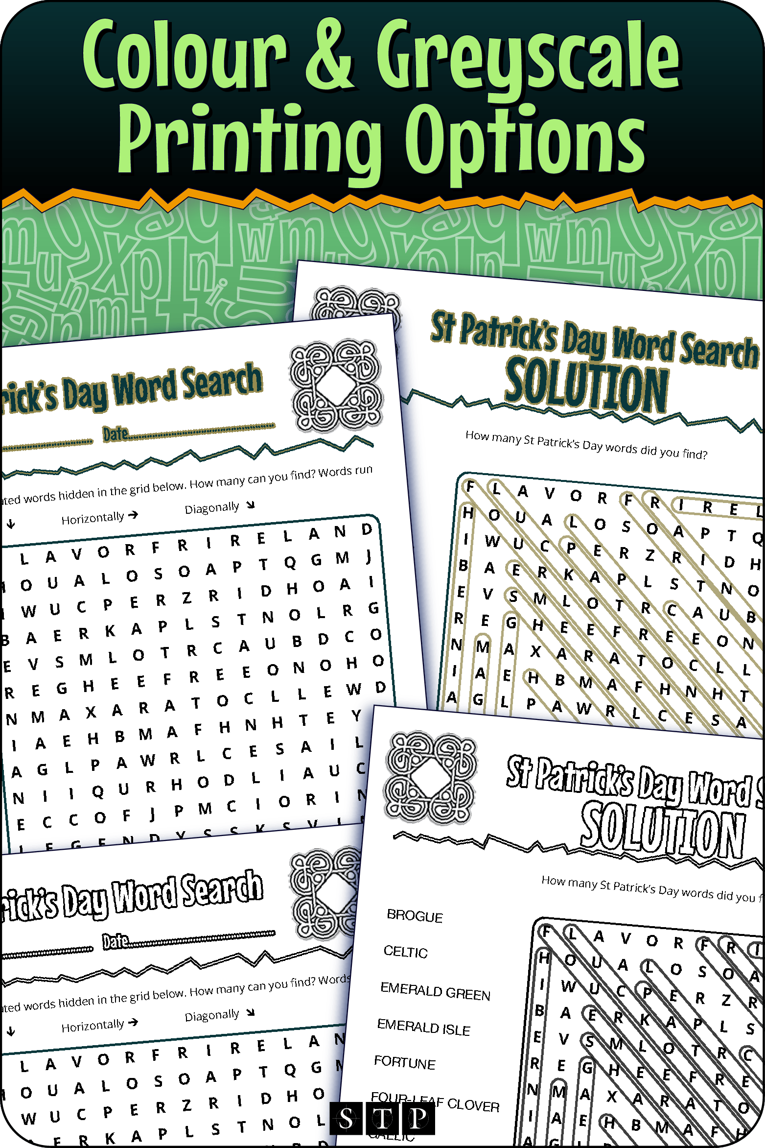 A 'look inside' preview showing the resource is available in both colour-accented and ink-friendly greyscale printing options.