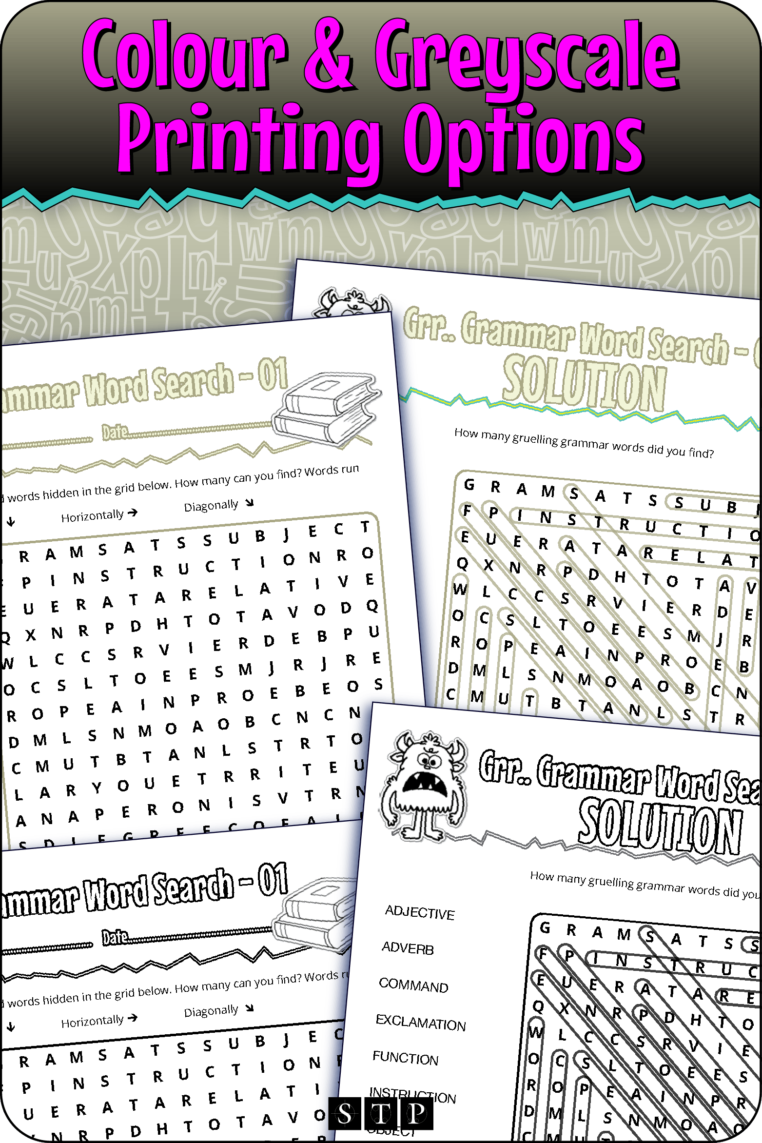A 'look inside' preview showing the resource is available in both colour-accented and ink-friendly greyscale printing options.