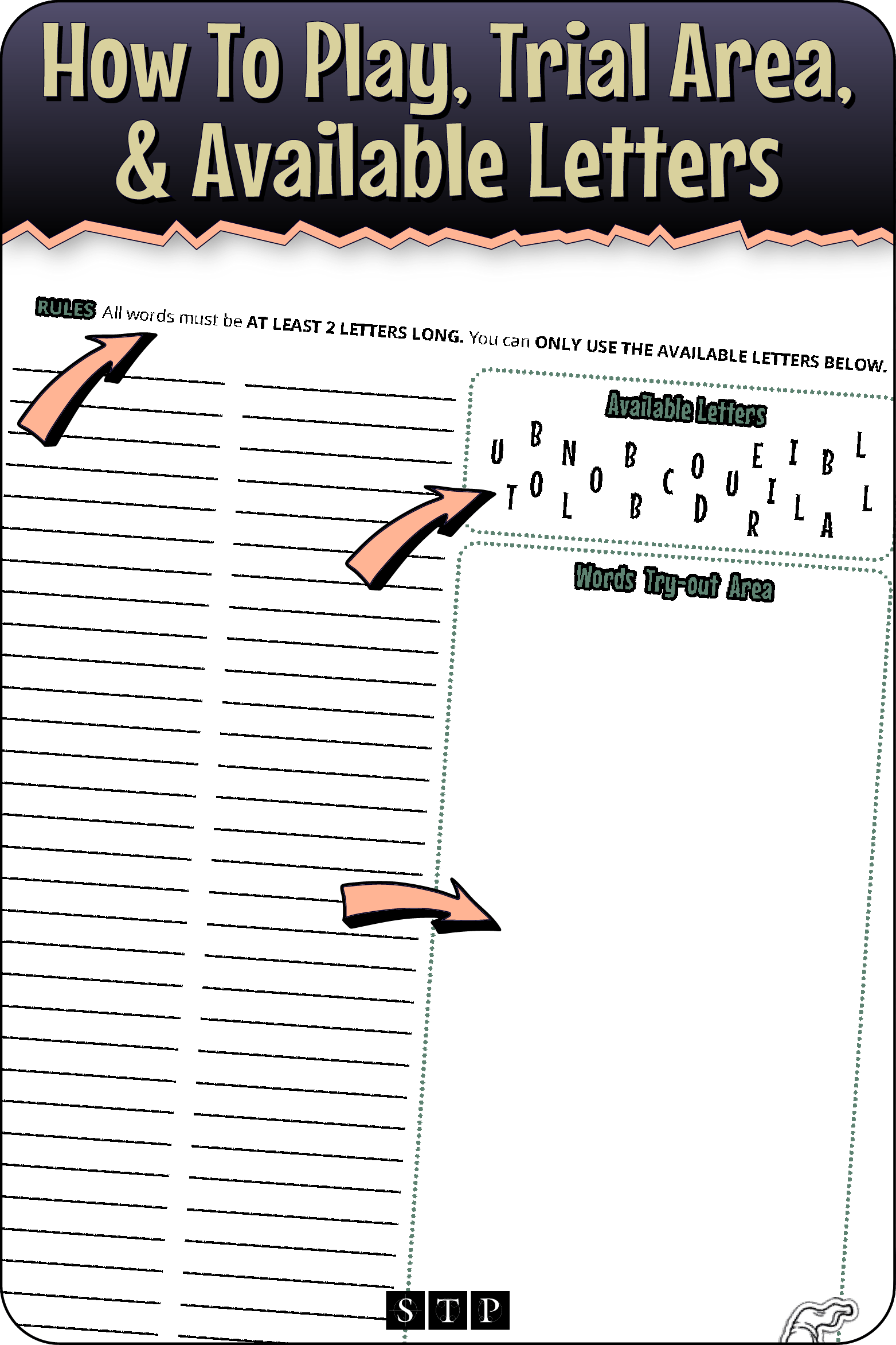 A 'look inside' preview highlighting the rules for the 'Boil, Toil, Cauldron Bubble' (Version 1) letter jumble