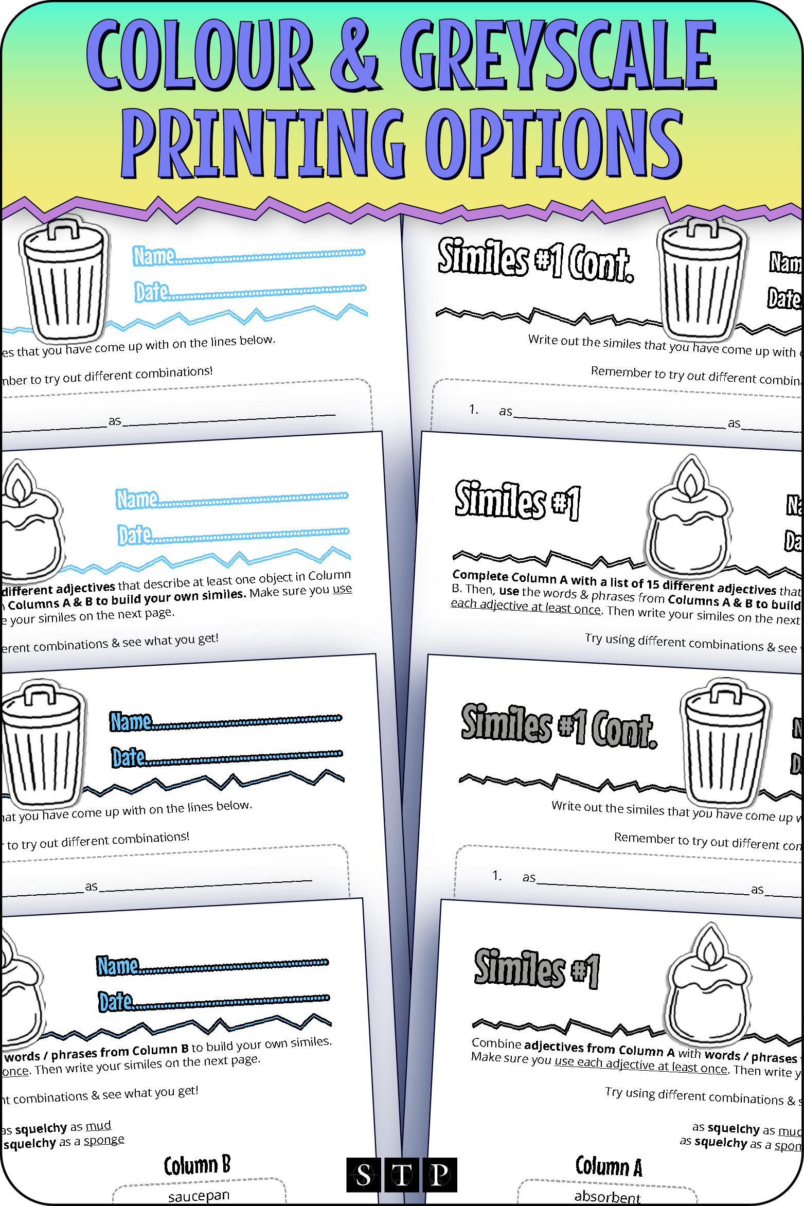A 'look inside' preview showing the resource is available in both colour-accented and ink-friendly greyscale printing options.