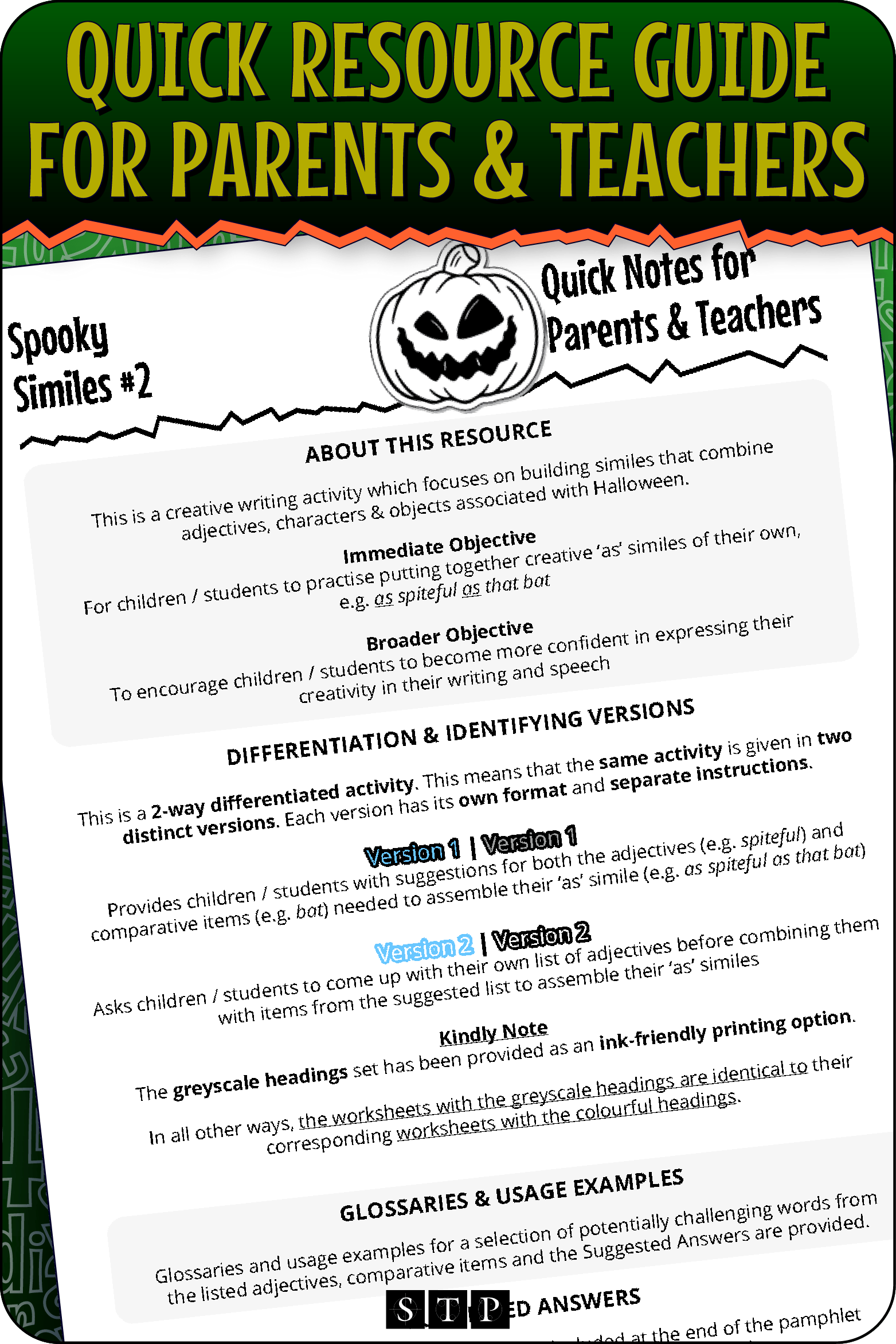 A 'look inside' preview highlighting the 'Quick Resource Guide for Parents & Teachers' included with the worksheets which explains the resource's learning objectives and differentiated versions.