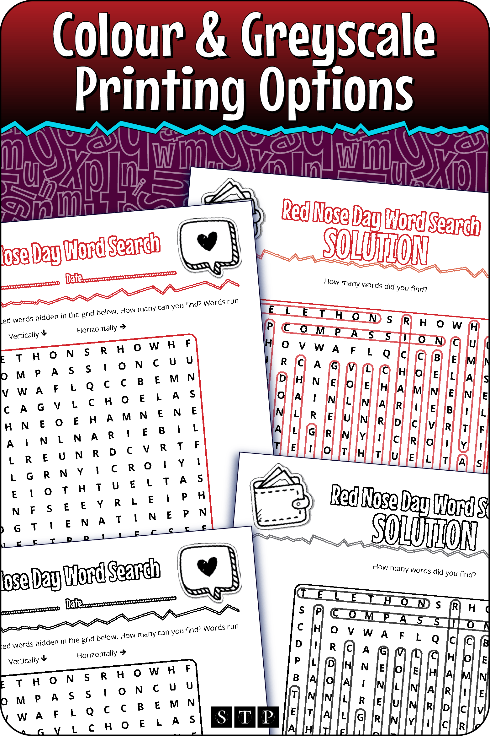 A 'look inside' preview showing the resource is available in both colour-accented and ink-friendly greyscale printing options.