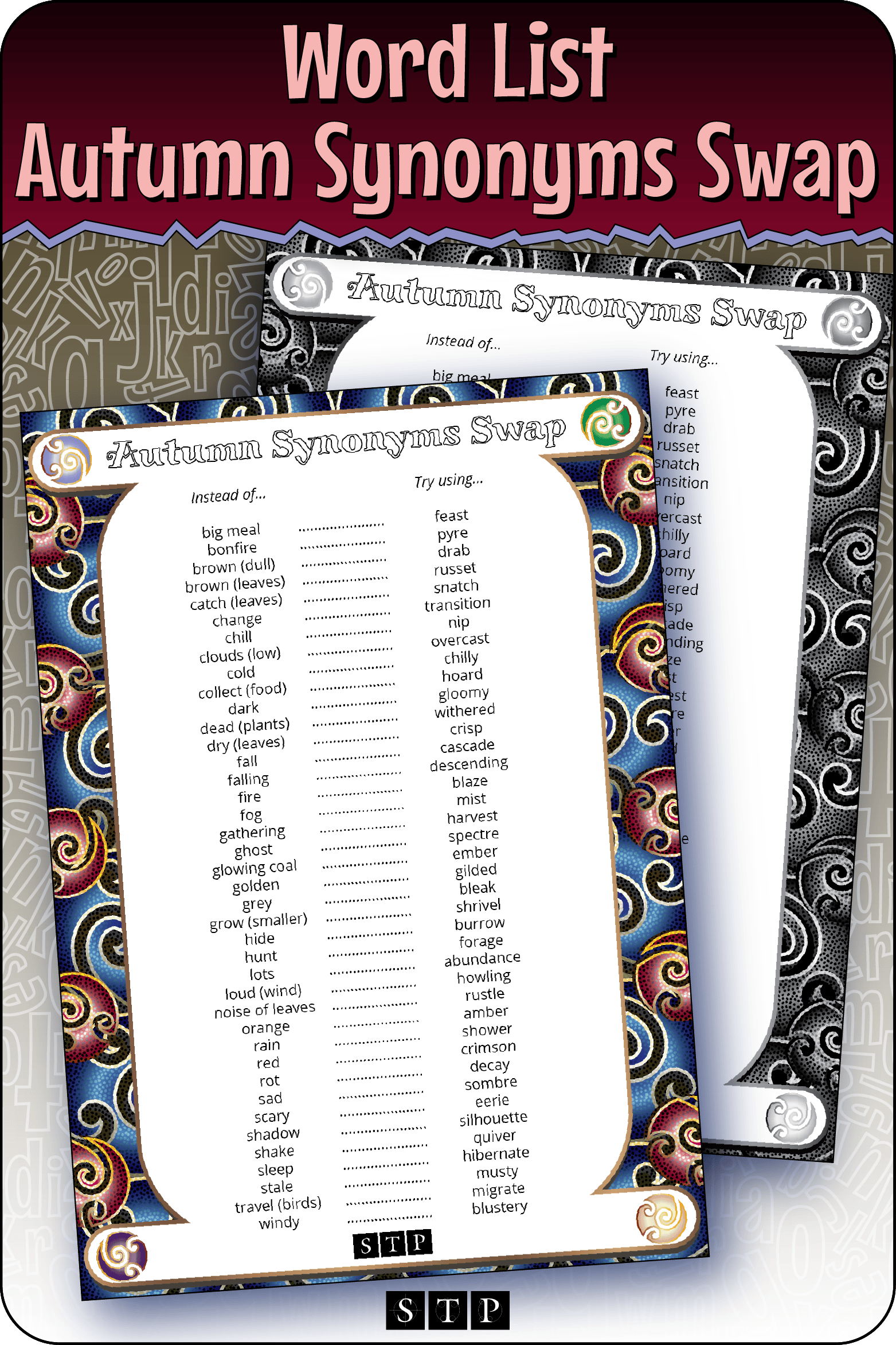 A mock-up of the 'Autumn Synonyms Swap' list of alternative word choices, a free vocabulary and spelling resource for download for Years 5 & 6.