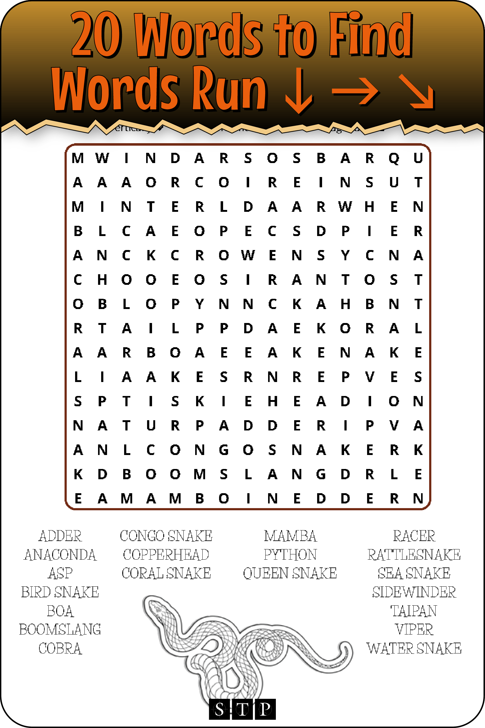 A 'look inside' preview showing the total number of words to find and the directions that the words take in the grid of the 'Snakes' word search puzzle.
