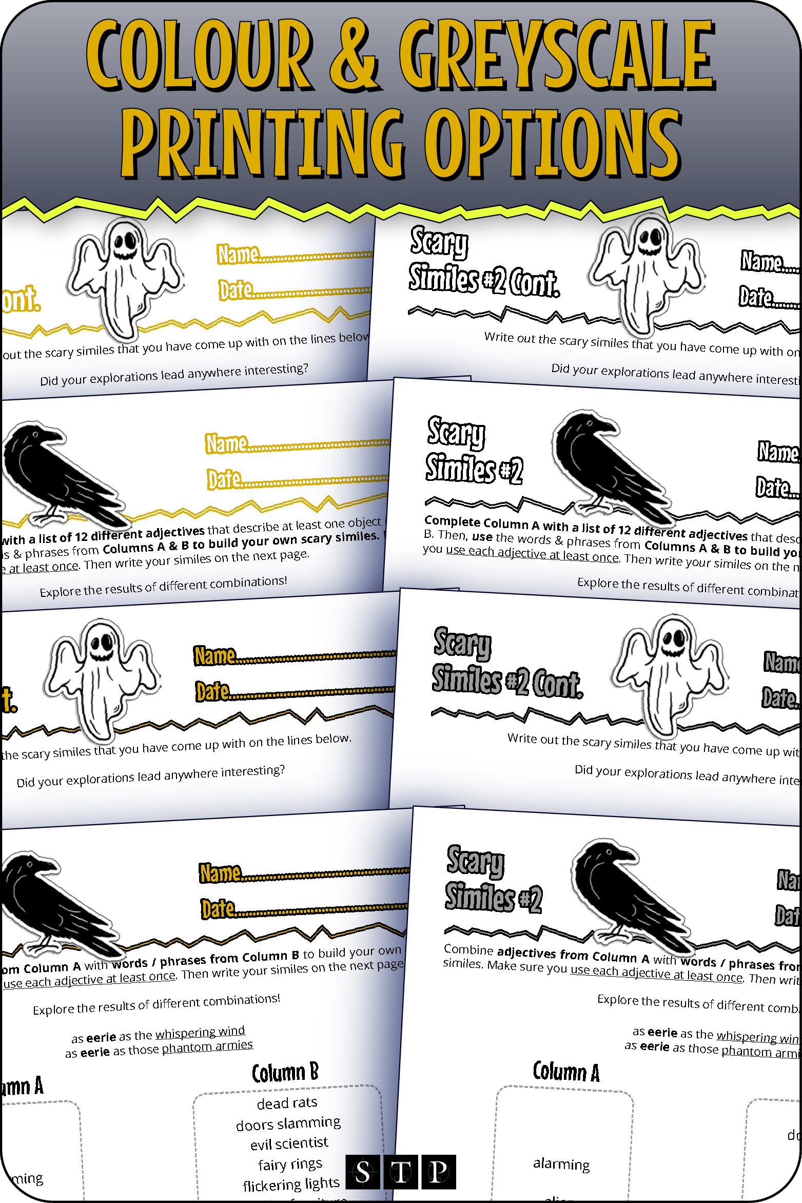 A 'look inside' preview showing the resource is available in both colour-accented and ink-friendly greyscale printing options.