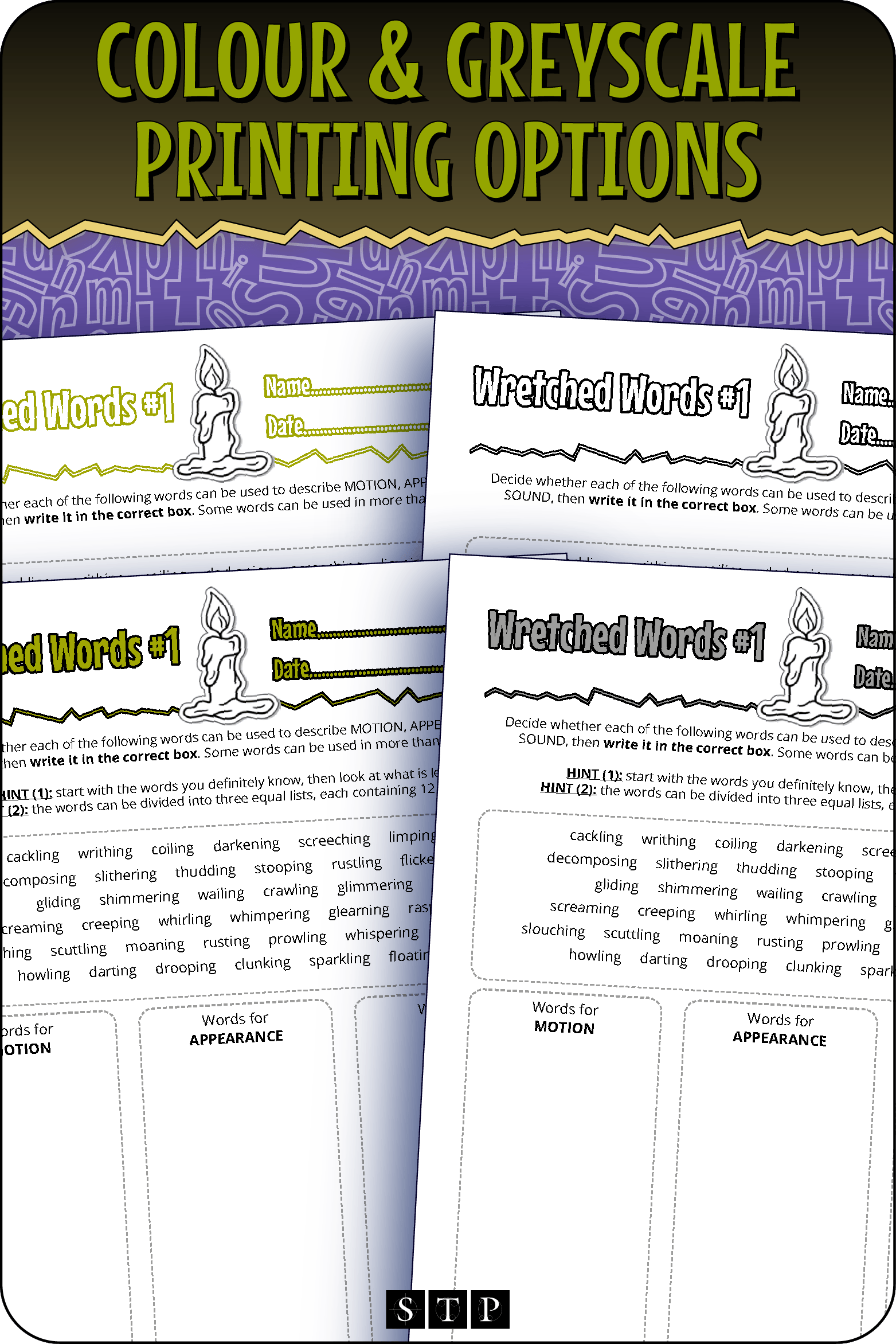 A 'look inside' preview showing the resource is available in both colour-accented and ink-friendly greyscale printing options.