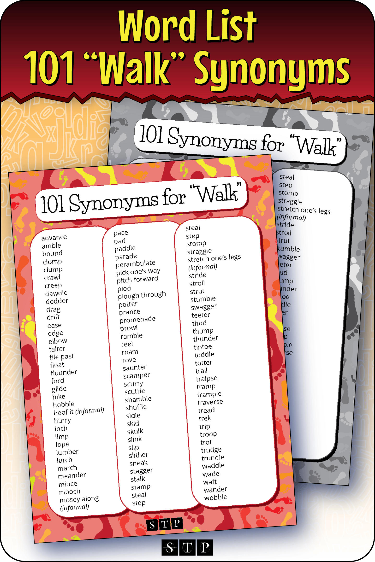 A mock-up of the '101 Synonyms for Walk' word list, a free vocabulary and spelling resource for download for Years 6 & 7.