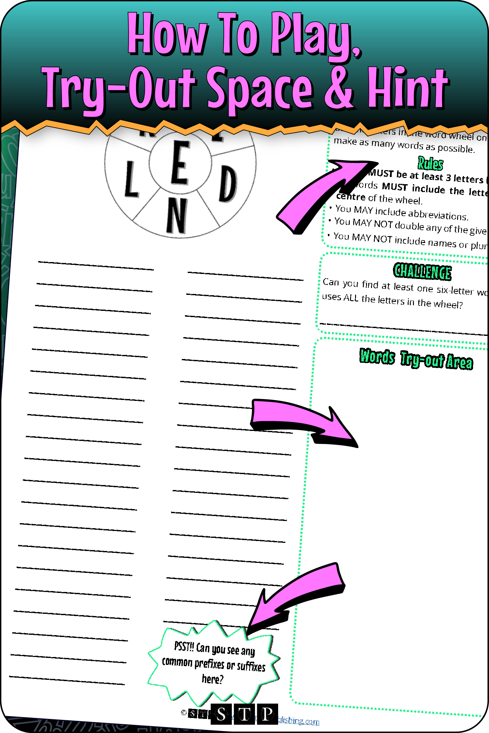 A 'look inside' preview highlighting the rules for the 'EIDNLK' word wheel puzzle
