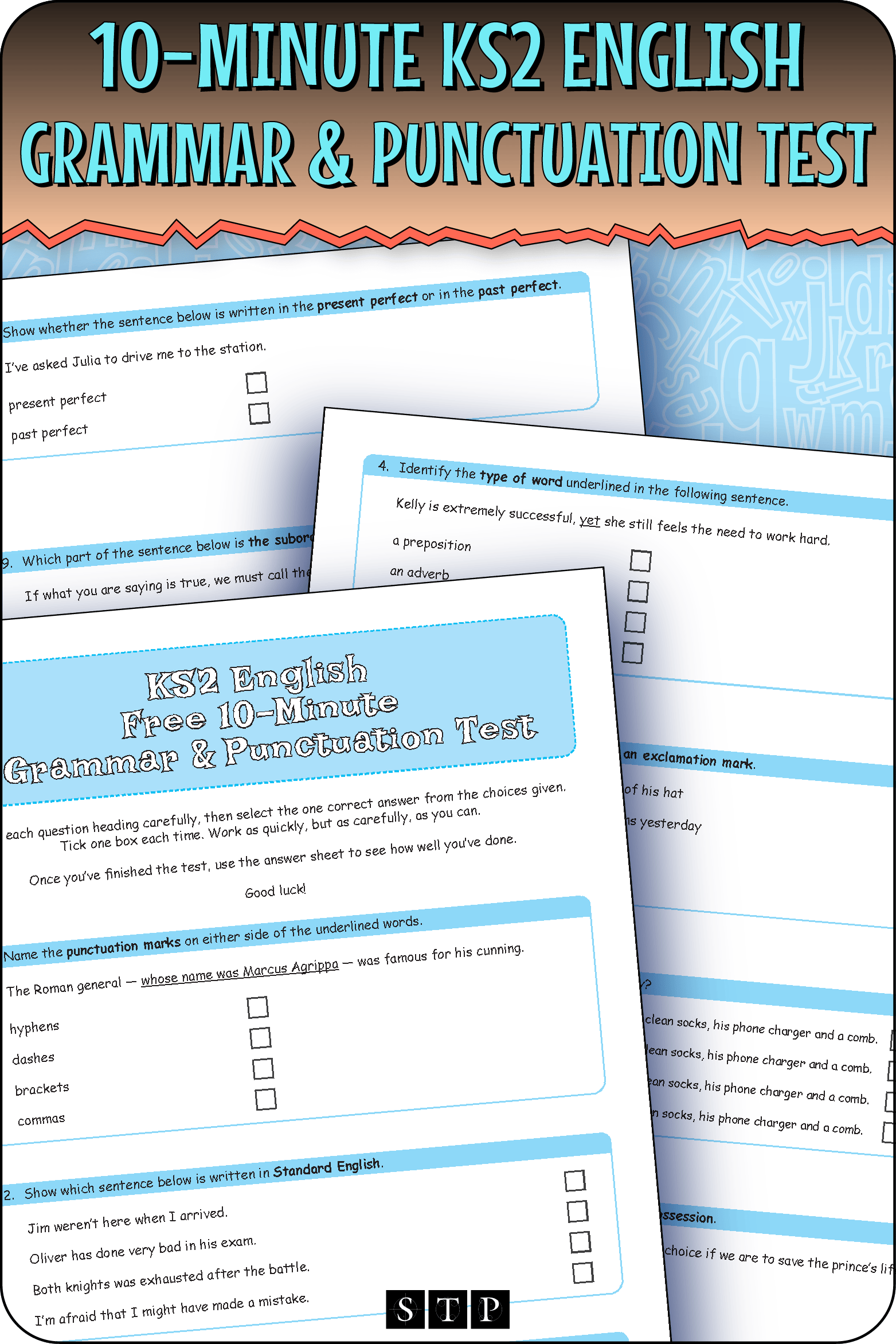A mock-up of the 'KS2 English Free 10-Minute Grammar & Punctuation Test', a free self-study or revision tool for download.