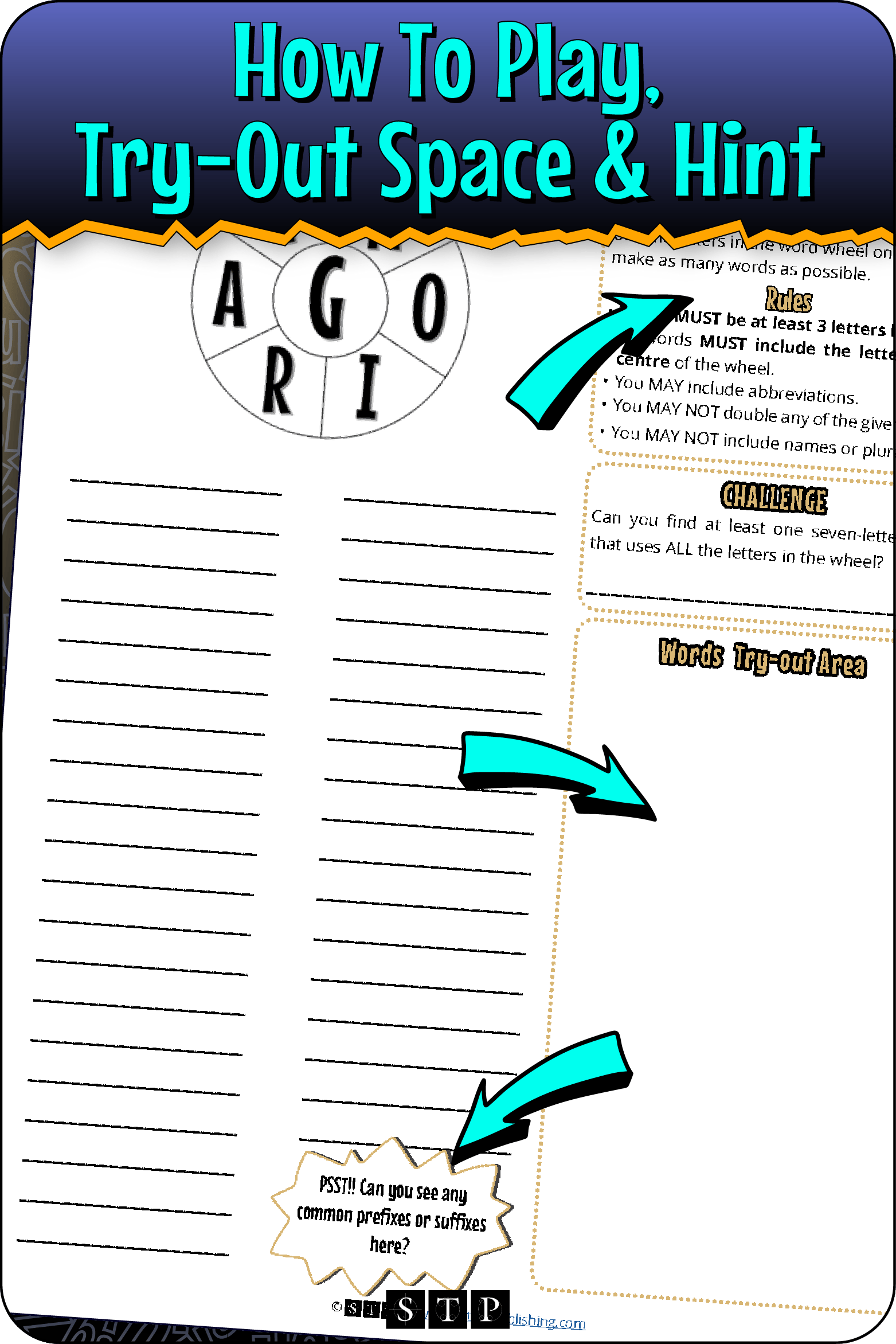 A 'look inside' preview highlighting the rules for the 'GNOIRAC' word wheel puzzle