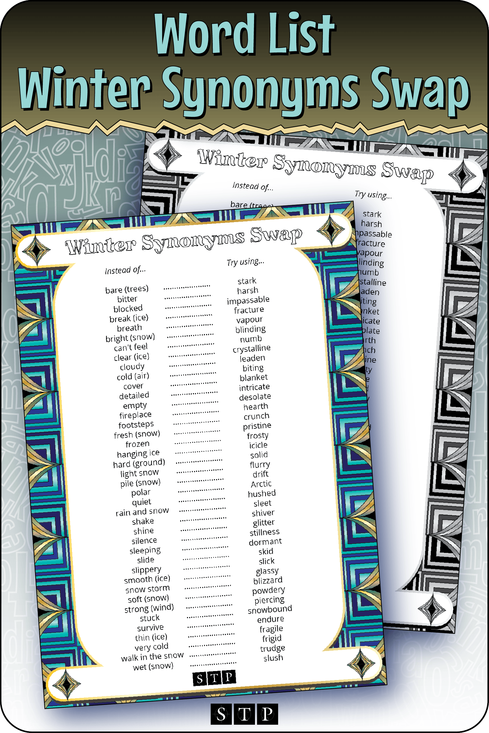 A mock-up of the 'Winter Synonyms Swap' list of alternative word choices, a free vocabulary and spelling resource for download for Years 5 & 6.