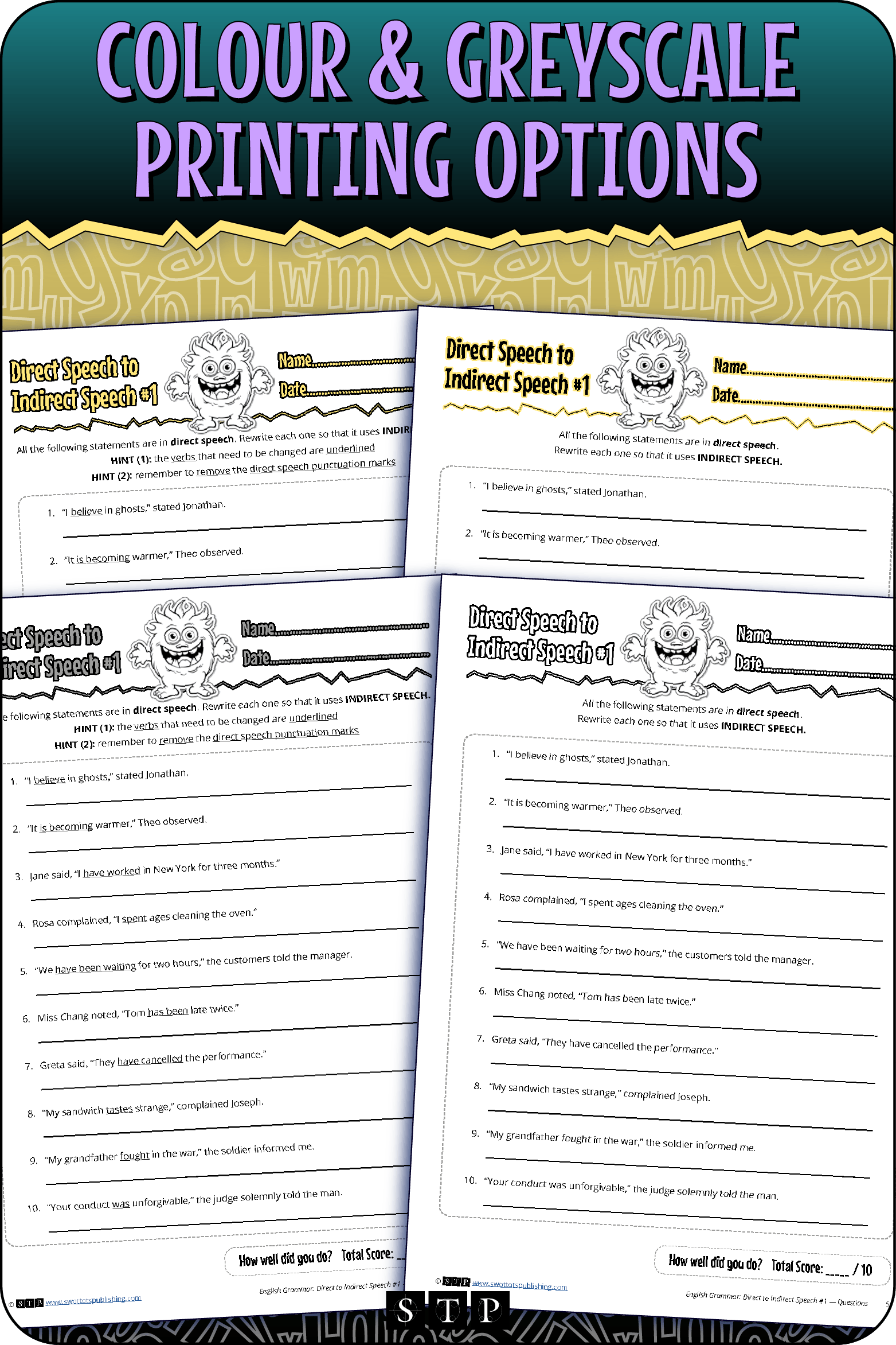 A 'look inside' preview showing the resource is available in both colour-accented and ink-friendly greyscale printing options.