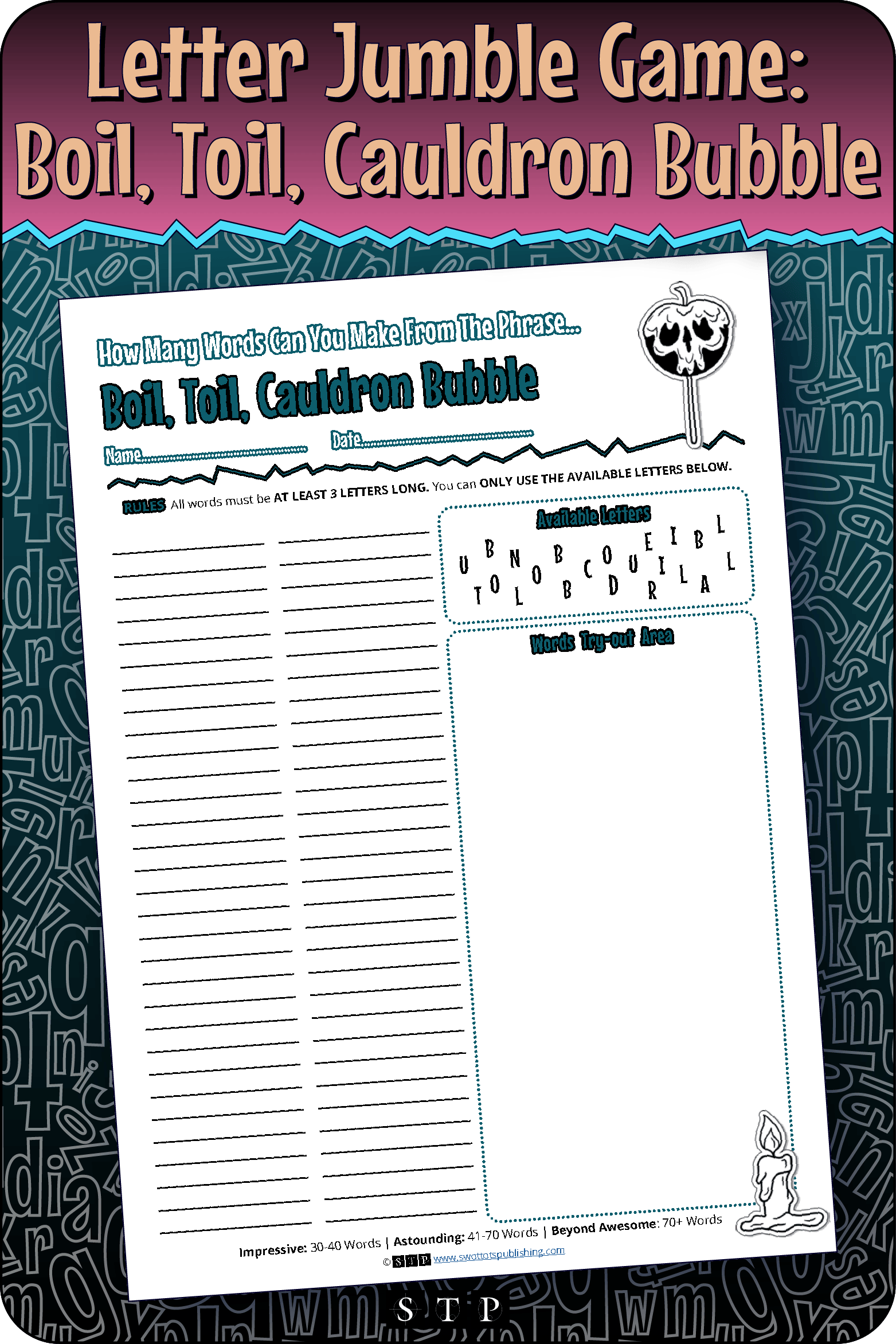 A mock-up of the 'Boil, Toil, Cauldron Bubble' (Version 4) letter jumble, a free word game for download.