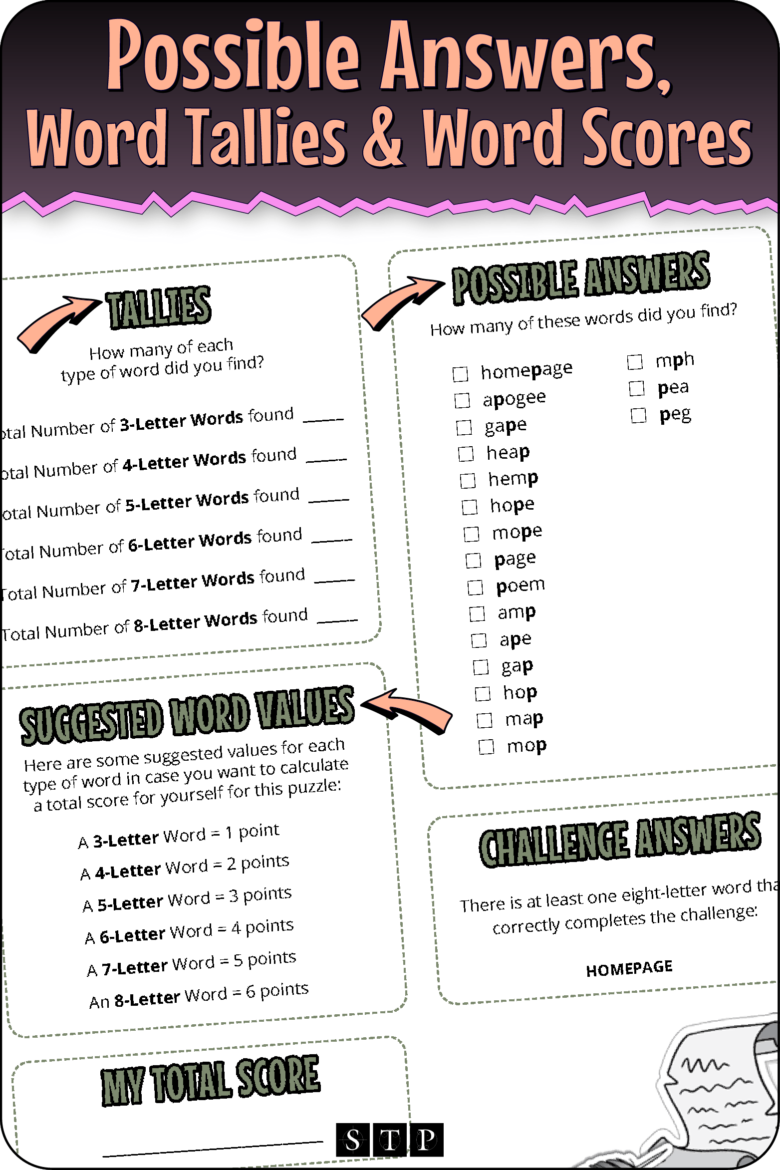A 'look inside' preview highlighting the key features of the second page of the 'PAHEMOEG' word wheel puzzle