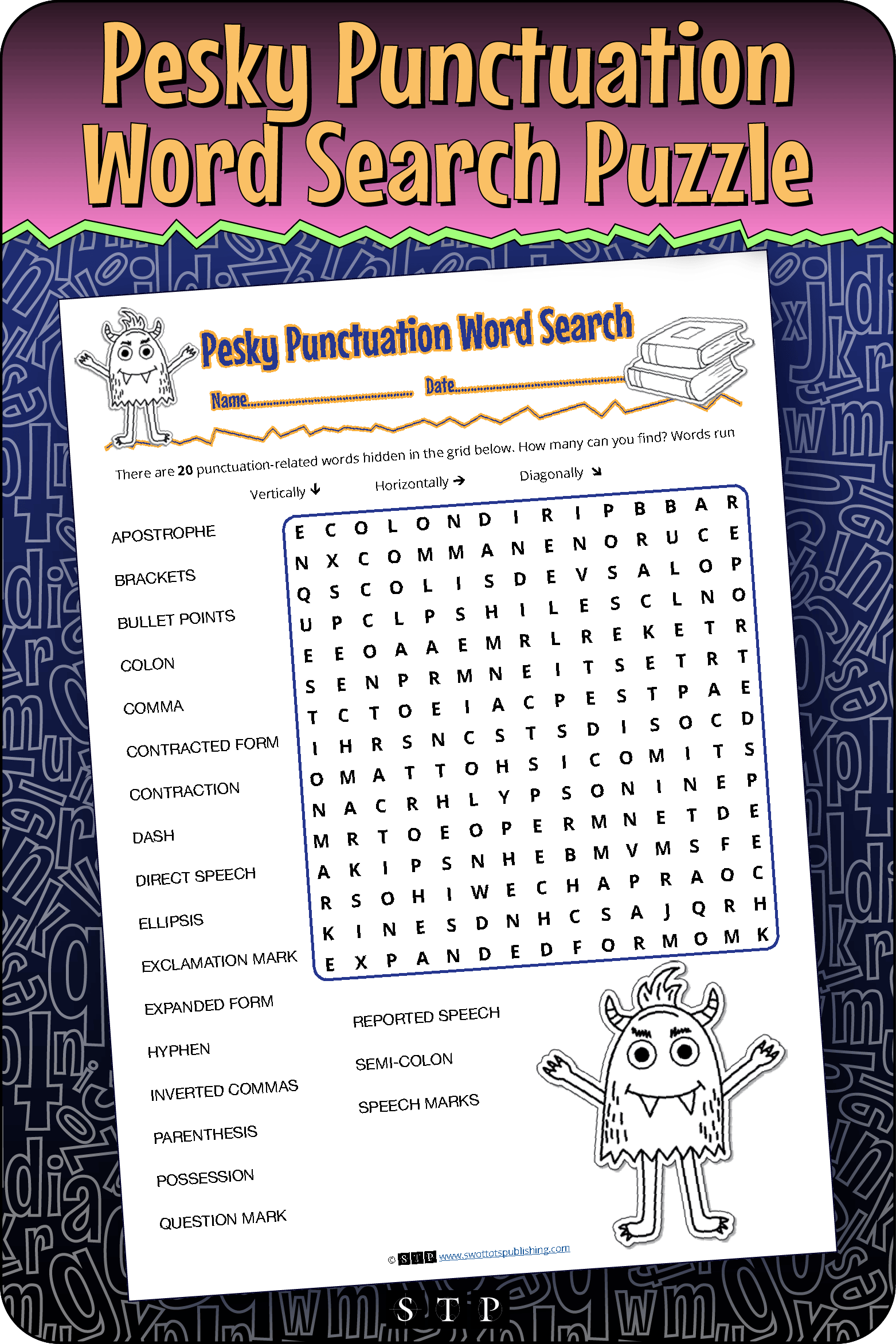 A mock-up of the 'Pesky Punctuation' word search puzzle, a free word game for download.