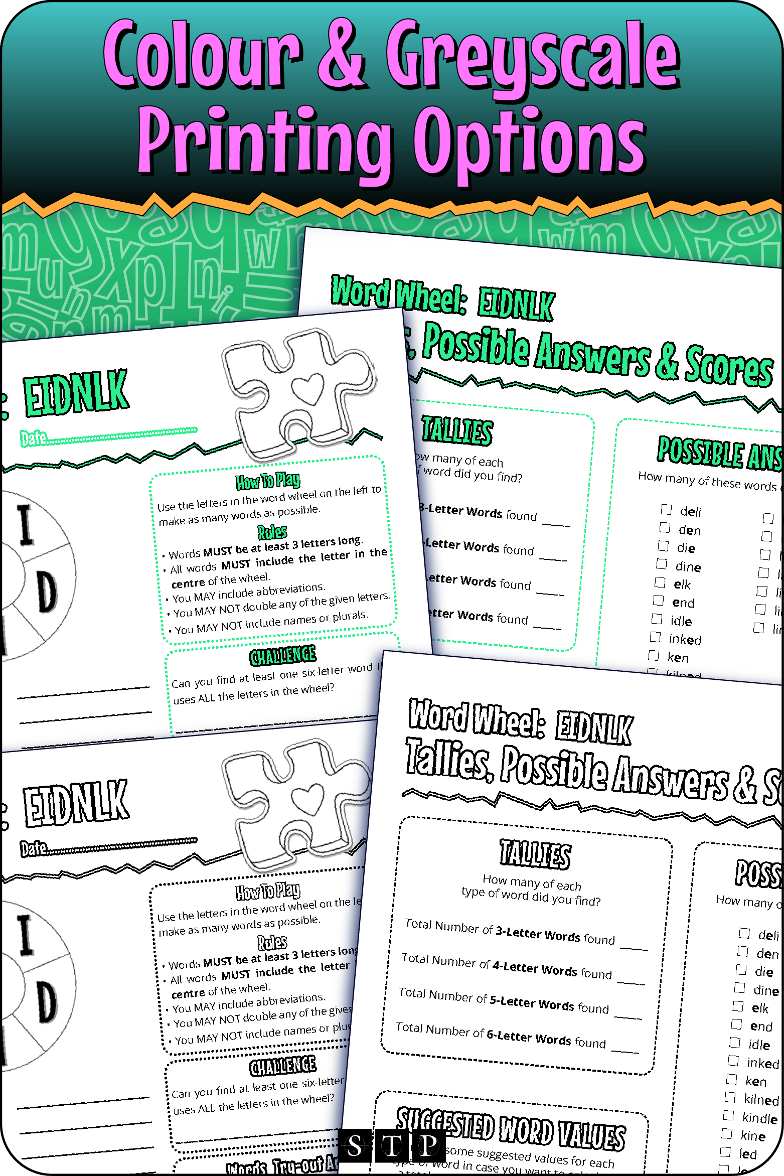 A 'look inside' preview showing the resource is available in both colour-accented and ink-friendly greyscale printing options.