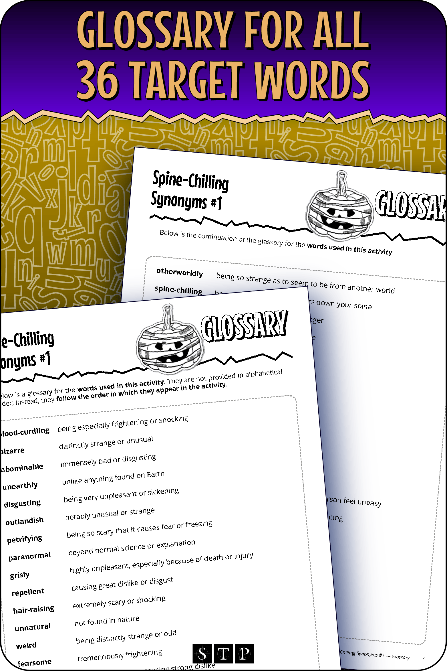 A 'look inside' preview showing the glossaries for the targeted words in the 'Spine-Chilling Synonyms #1' activity.
