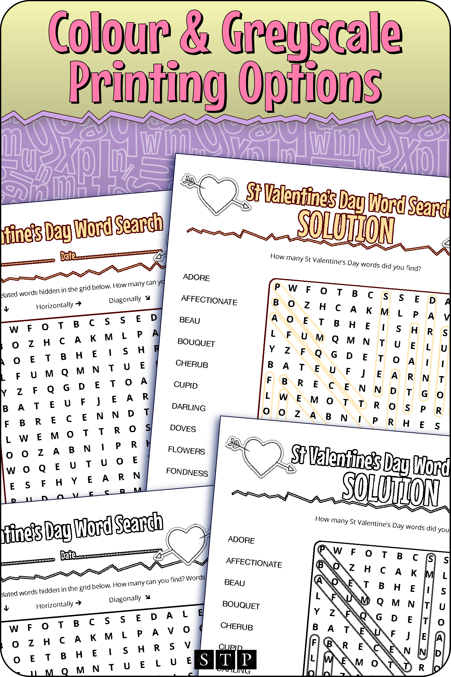 A 'look inside' preview showing the resource is available in both colour-accented and ink-friendly greyscale printing options.