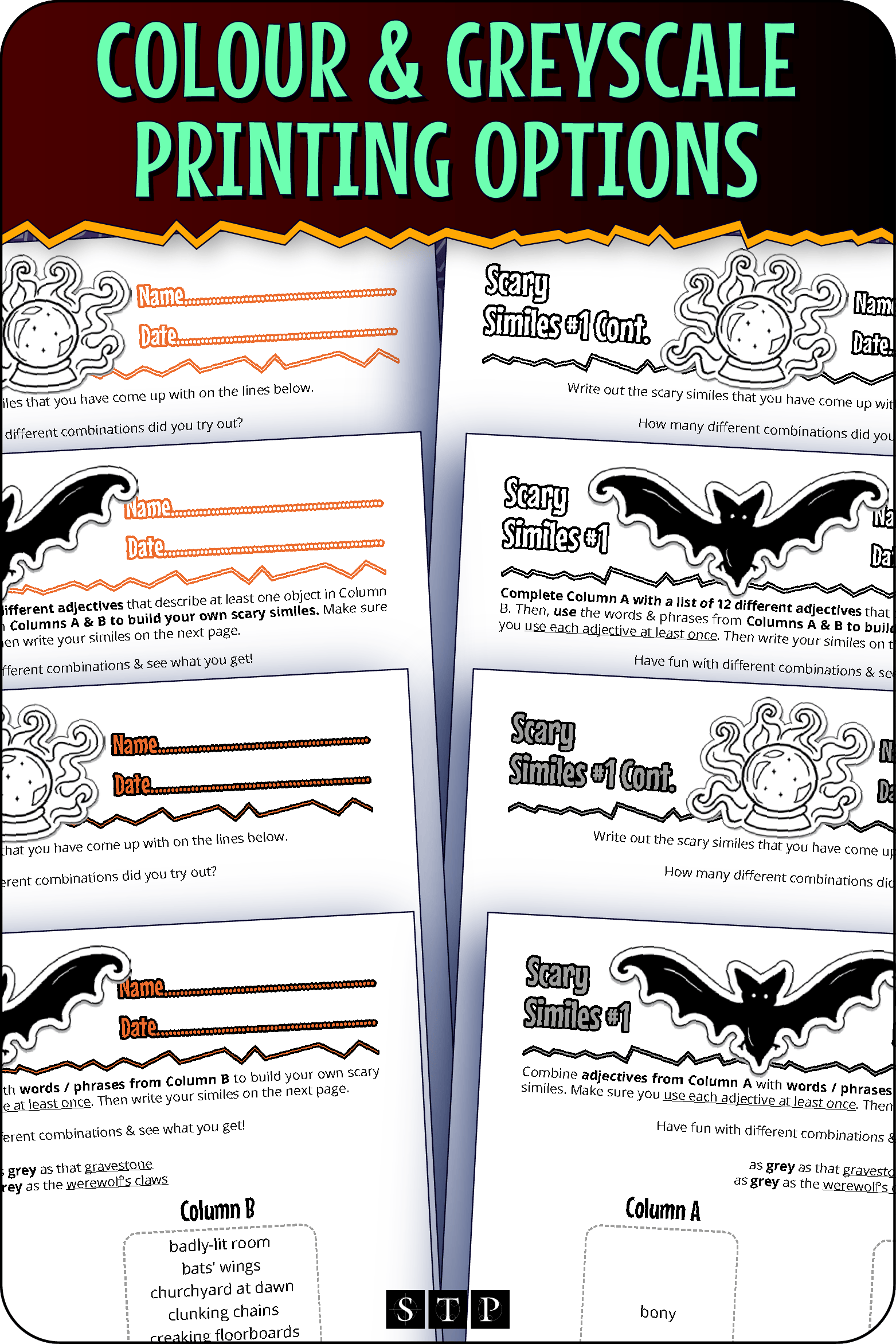 A 'look inside' preview showing the resource is available in both colour-accented and ink-friendly greyscale printing options.