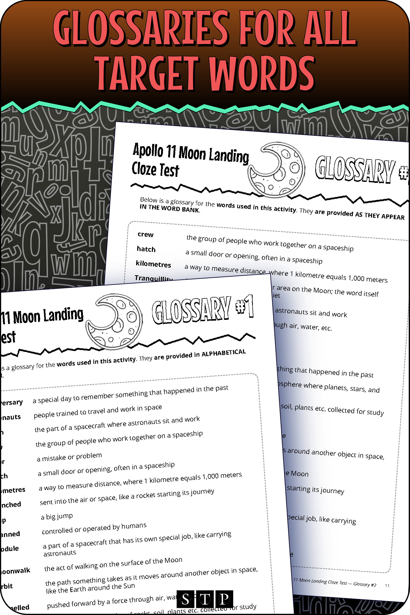 A 'look inside' preview showing the glossaries for the targeted words in the 'Apollo Moon Landing Cloze Test' worksheets.