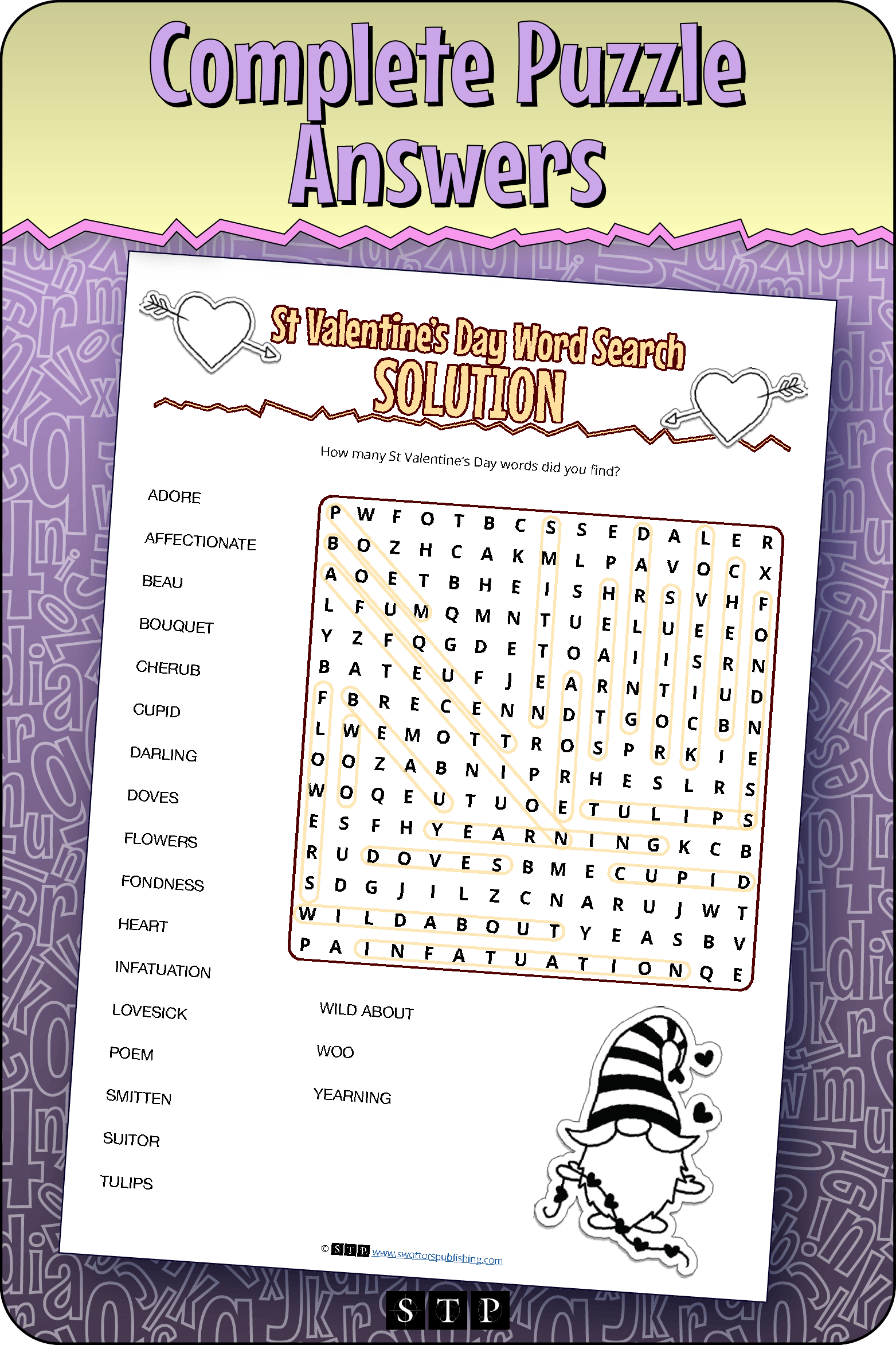 A 'look inside' preview showing the complete St Valentine's Day word search puzzle answers.