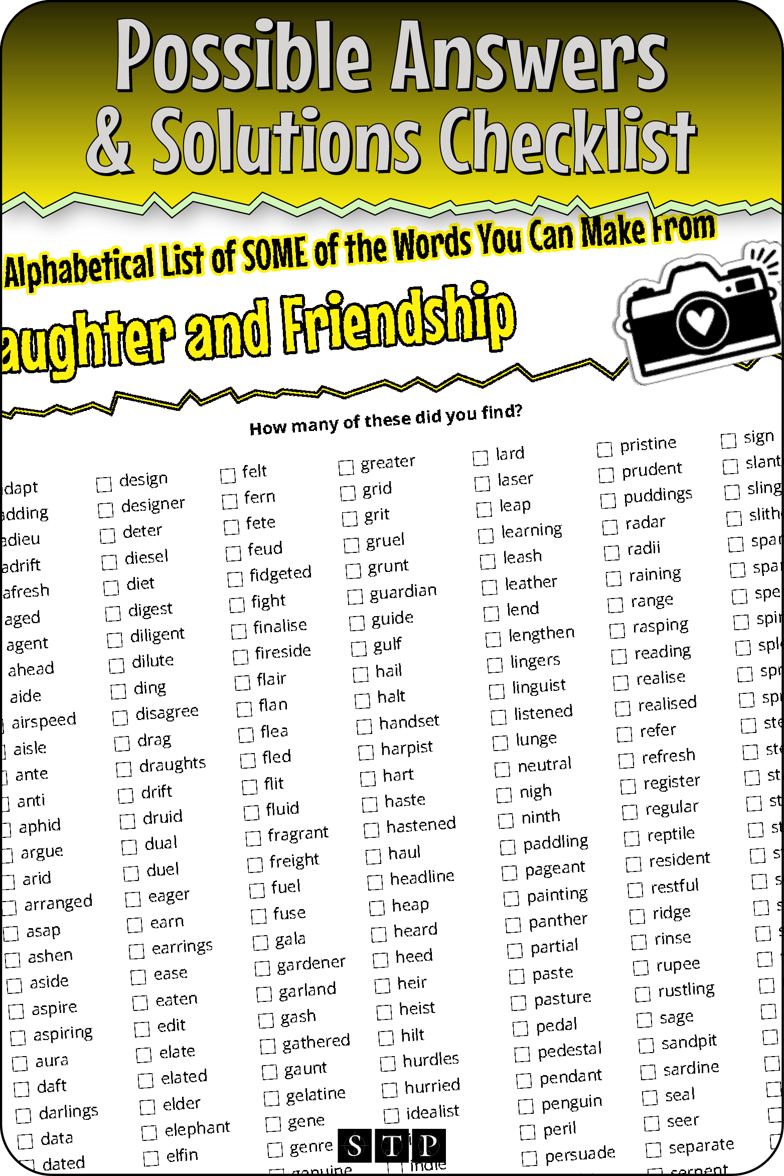 A 'look inside' preview showing a list of possible solutions for the 'Laughter & Friendship' (Version 2) letter jumble