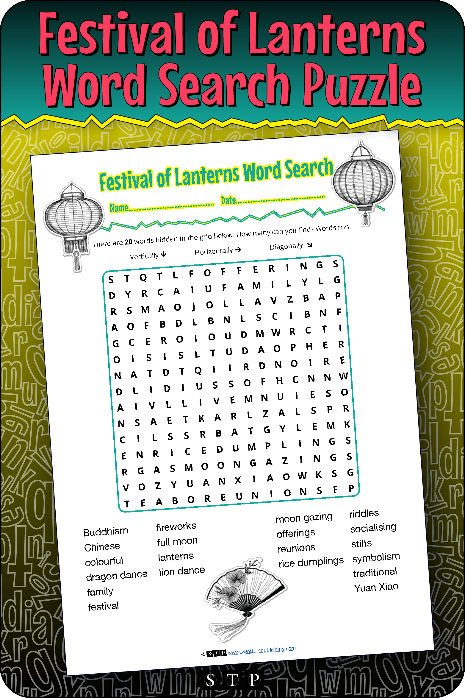 A mock-up of the 'Festival of Lanterns' word search puzzle, a free word game for download.