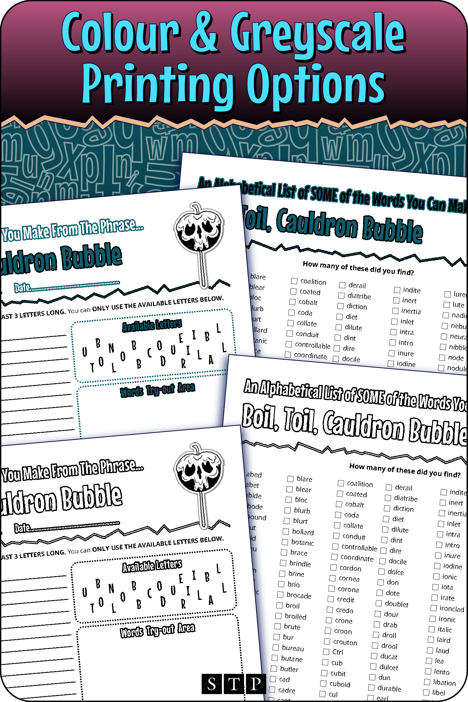 A 'look inside' preview showing the resource is available in both colour-accented and ink-friendly greyscale printing options.