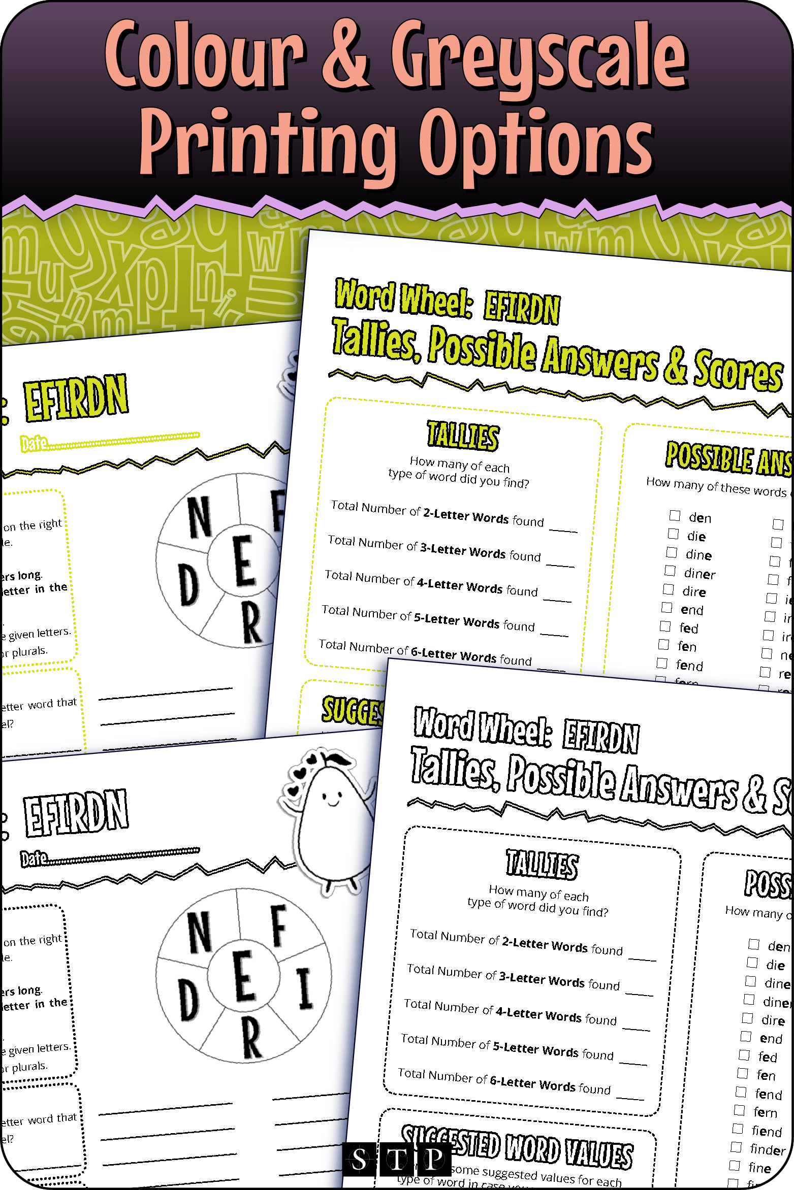 A 'look inside' preview showing the resource is available in both colour-accented and ink-friendly greyscale printing options.