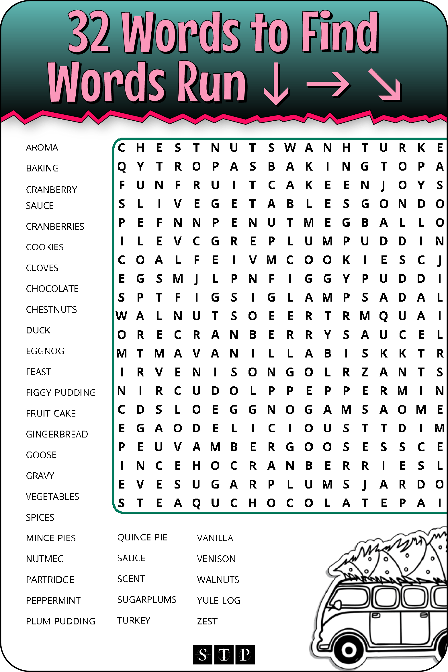 A 'look inside' preview showing the total number of words to find and the directions that the words take in the grid of the 'Festive Fare!' word search puzzle.