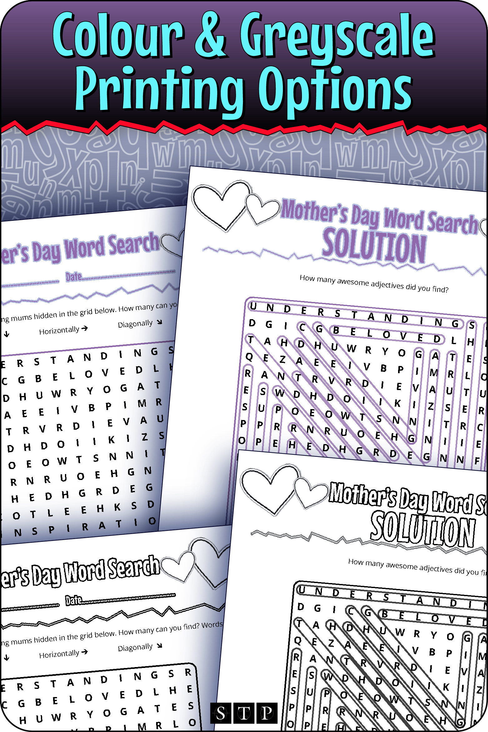 A 'look inside' preview showing the resource is available in both colour-accented and ink-friendly greyscale printing options.