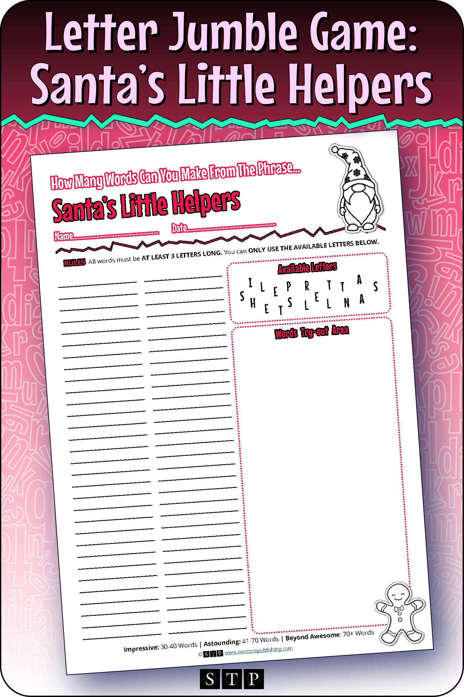 A mock-up of the 'Santa's Little Helpers' (Version 1) letter jumble, a free word game for download.