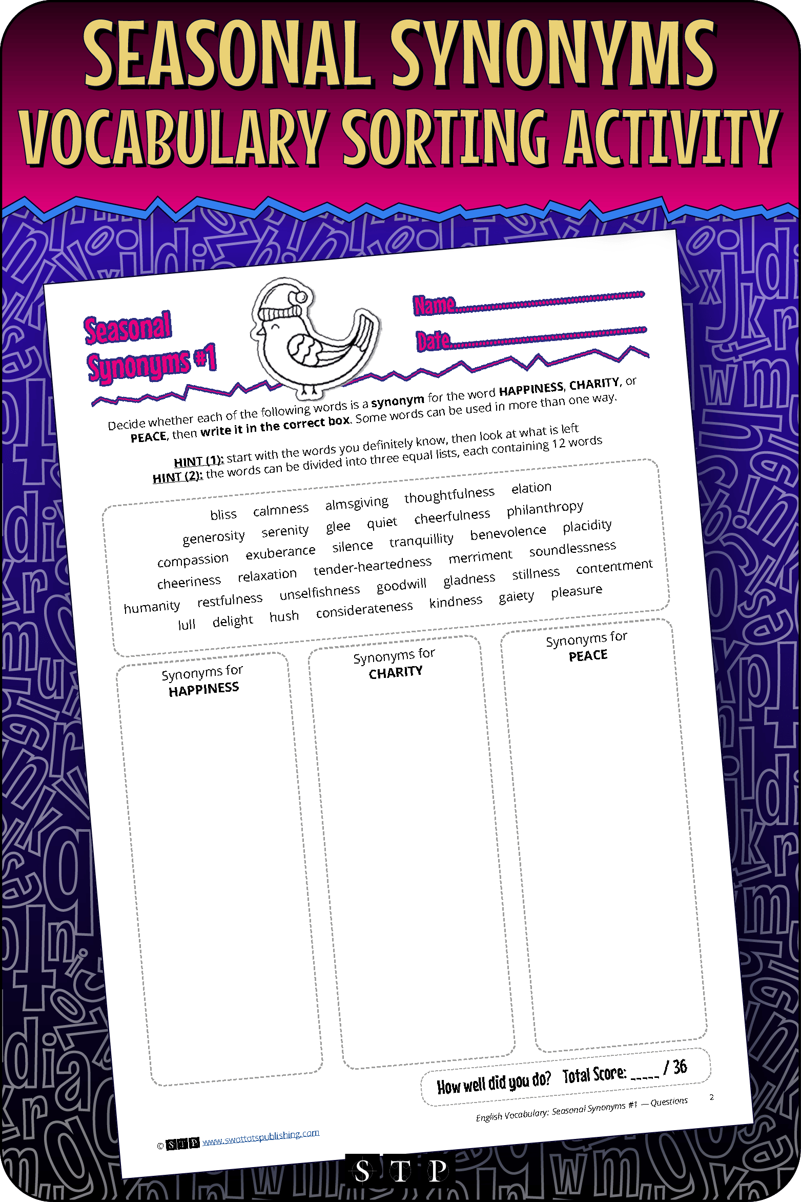 A mock-up of the 'Seasonal Synonyms #1' sorting activity, a free vocabulary resource for download.