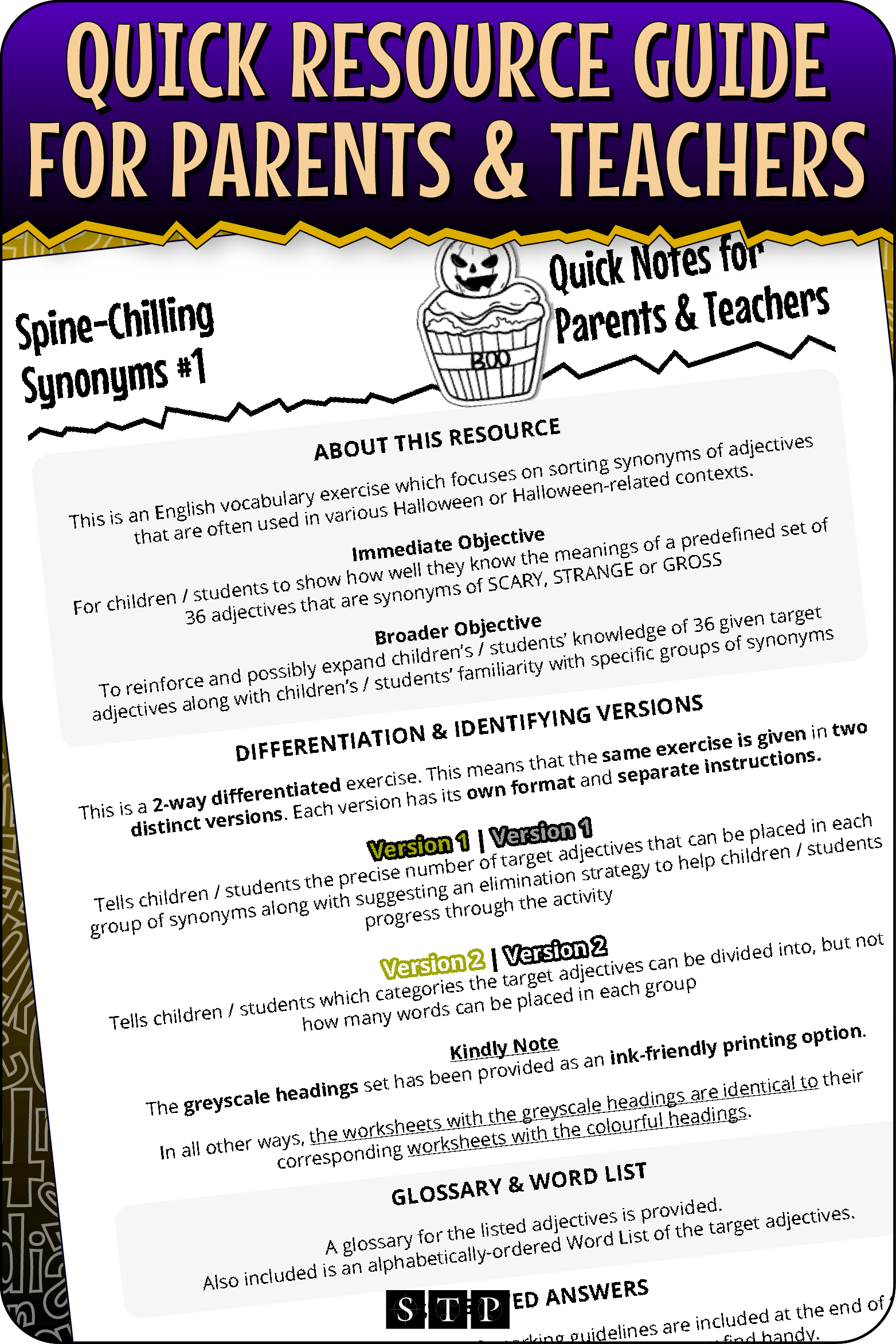 A 'look inside' preview highlighting the 'Quick Resource Guide for Parents & Teachers' included with the worksheets which explains the resource's learning objectives and differentiated versions.