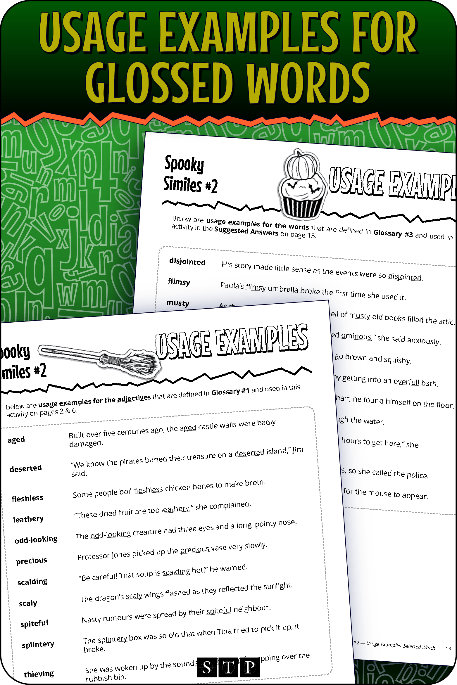 A 'look inside' preview showing the usage examples provided for the glossed words in the 'Spooky Similes #2' activity.