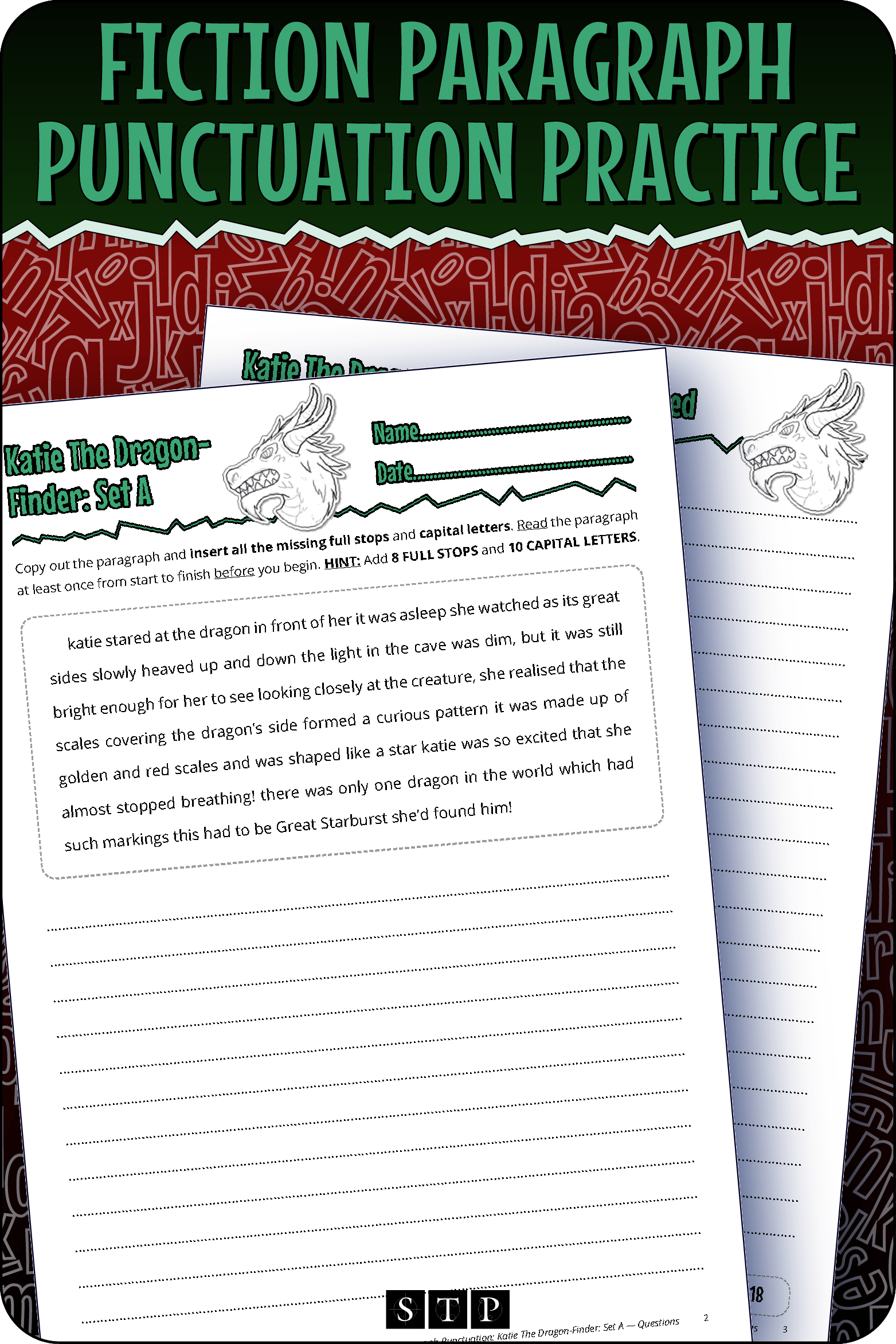 A mock-up of the 'Katie the Dragon-Finder' worksheets, a free punctuation practice resource for download.