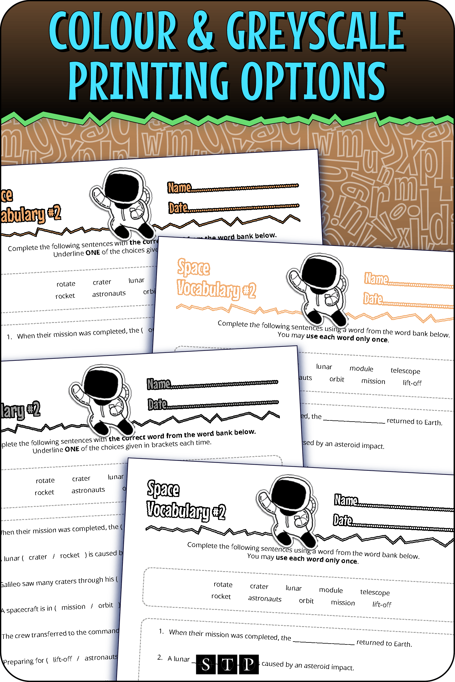 A 'look inside' preview showing the resource is available in both colour-accented and ink-friendly greyscale printing options.