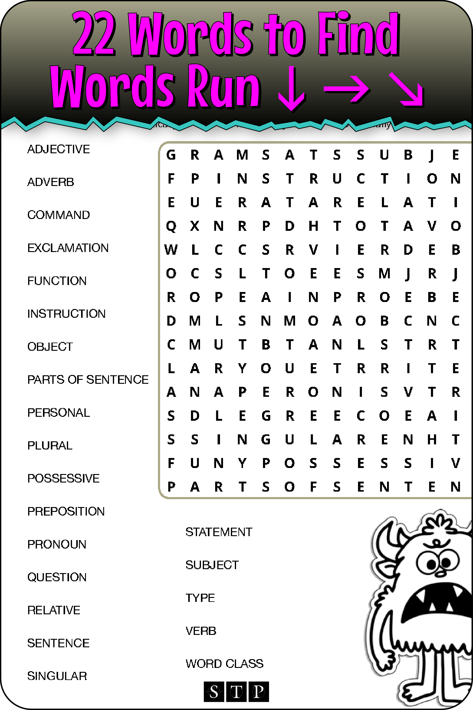 A 'look inside' preview showing the total number of words to find and the directions that the words take in the grid of the 'Grr…Grammar #1' word search puzzle.