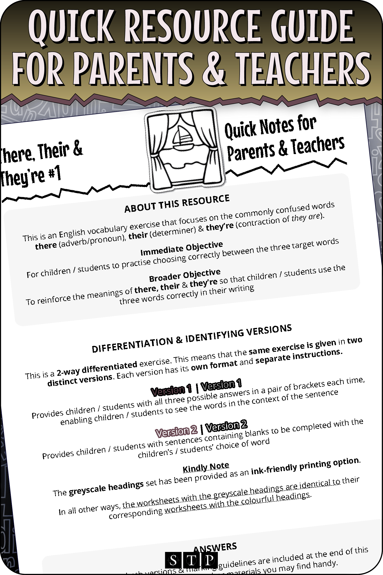 A 'look inside' preview highlighting the 'Quick Resource Guide for Parents & Teachers' included with the worksheets which explains the resource's learning objectives and differentiated versions.
